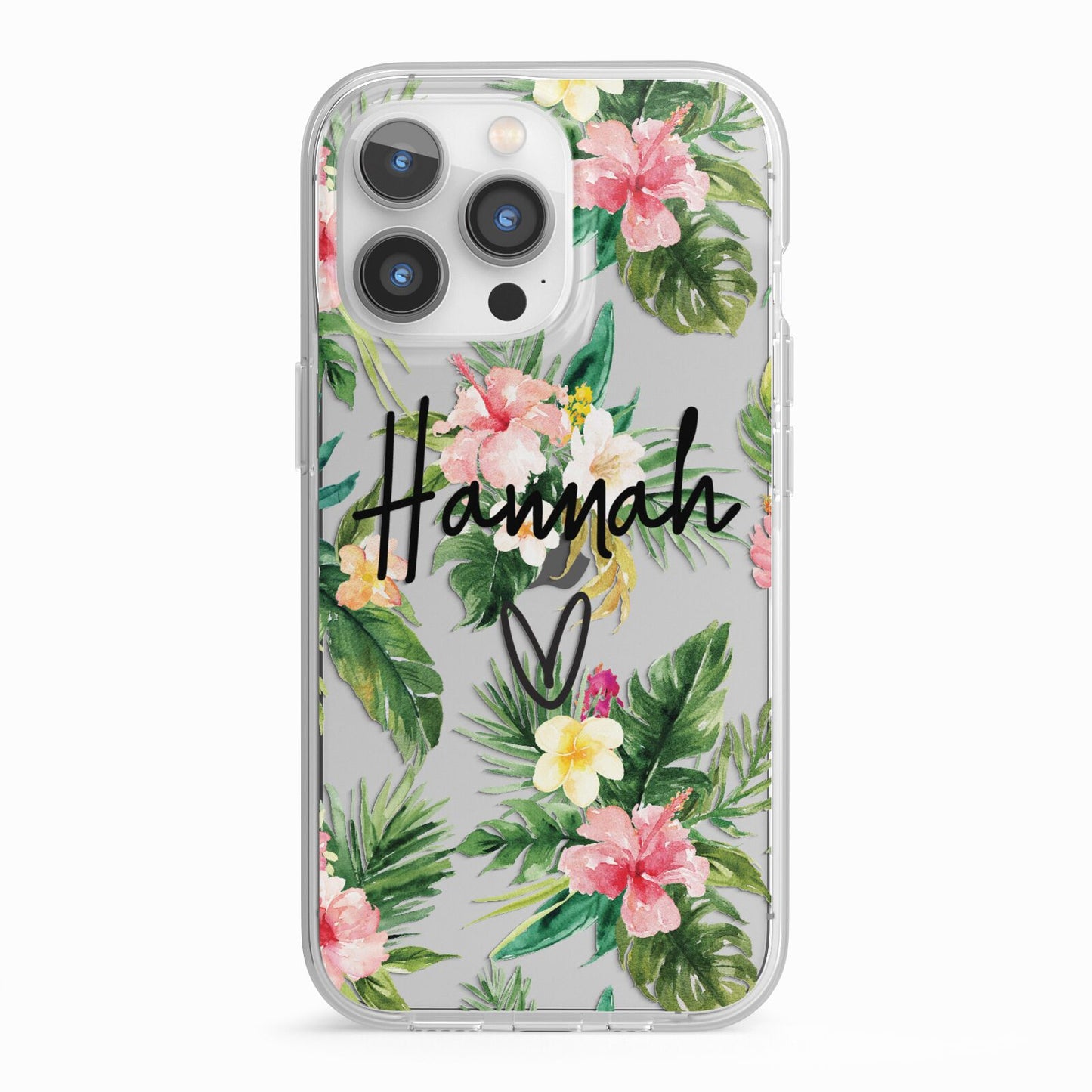 Personalised Tropical Floral Pink iPhone 13 Pro TPU Impact Case with White Edges