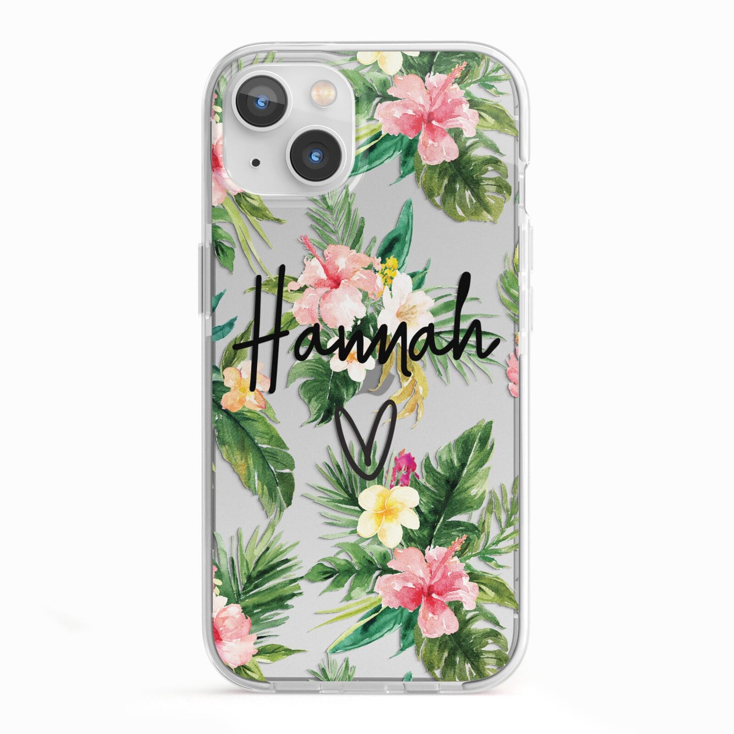 Personalised Tropical Floral Pink iPhone 13 TPU Impact Case with White Edges