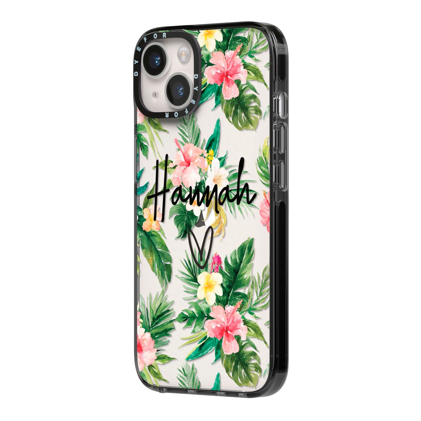 Personalised Tropical Floral Pink iPhone 14 Black Impact Case Side Angle on Silver phone