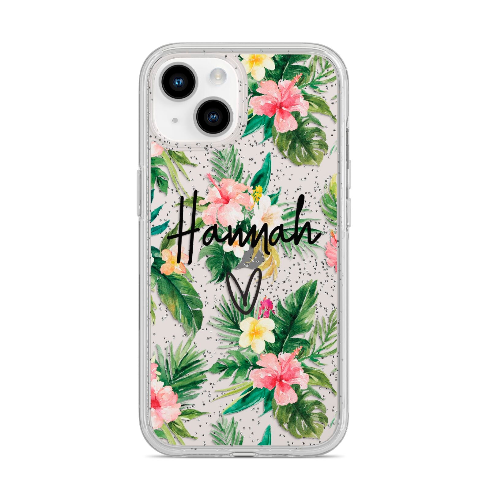 Personalised Tropical Floral Pink iPhone 14 Glitter Tough Case Starlight