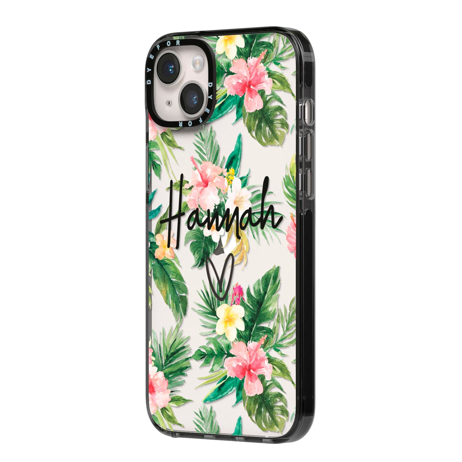 Personalised Tropical Floral Pink iPhone 14 Plus Black Impact Case Side Angle on Silver phone