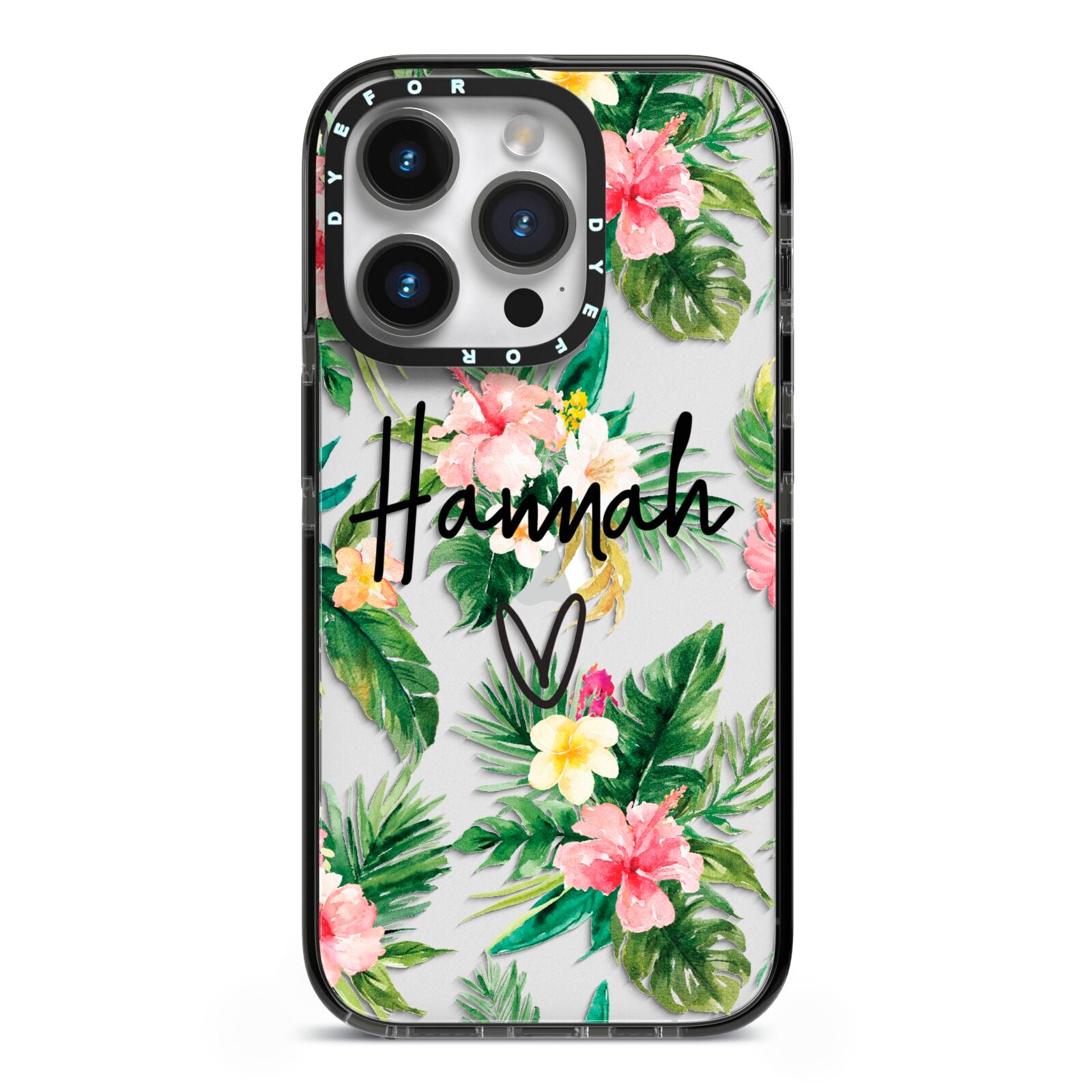 Personalised Tropical Floral Pink iPhone 14 Pro Black Impact Case on Silver phone