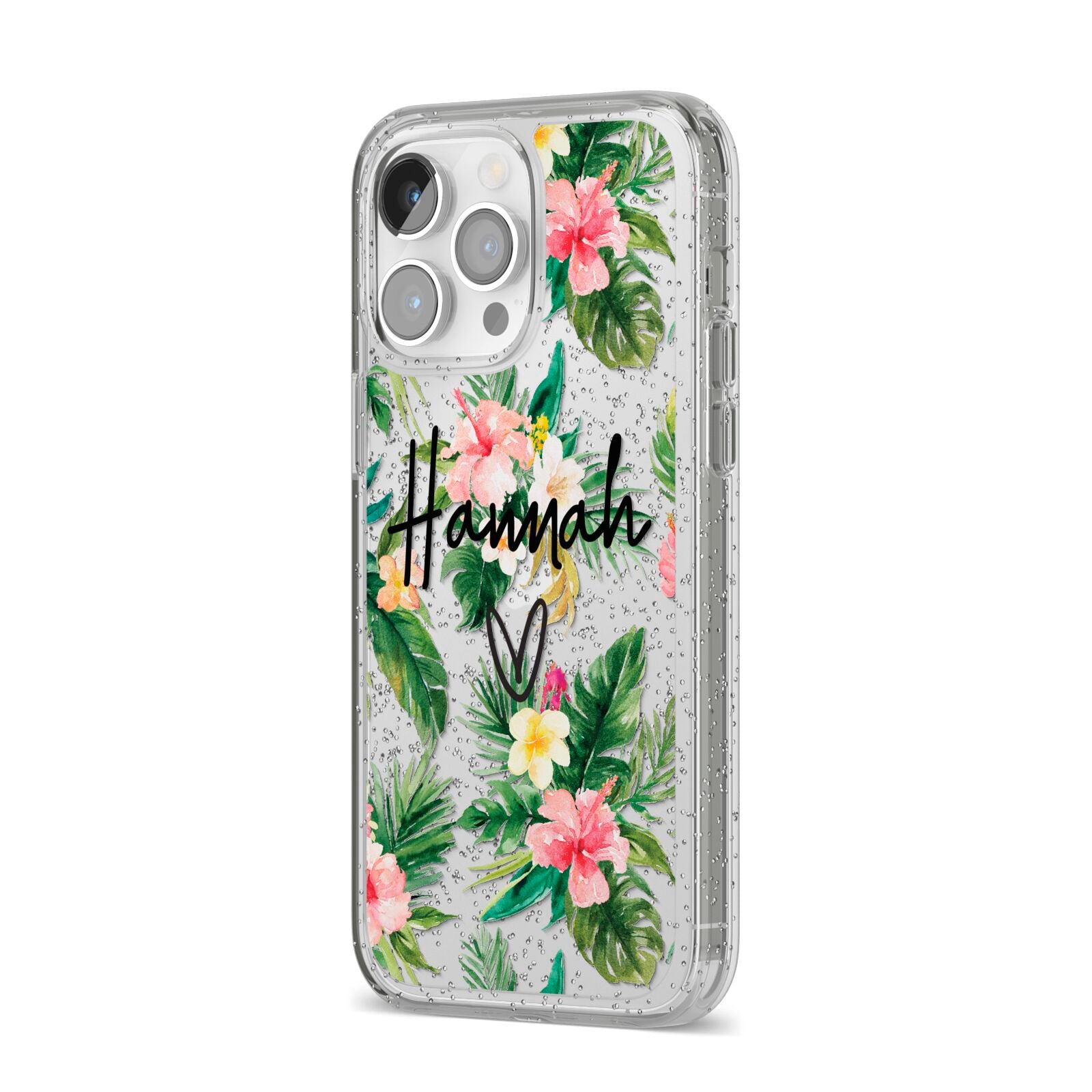 Personalised Tropical Floral Pink iPhone 14 Pro Max Glitter Tough Case Silver Angled Image