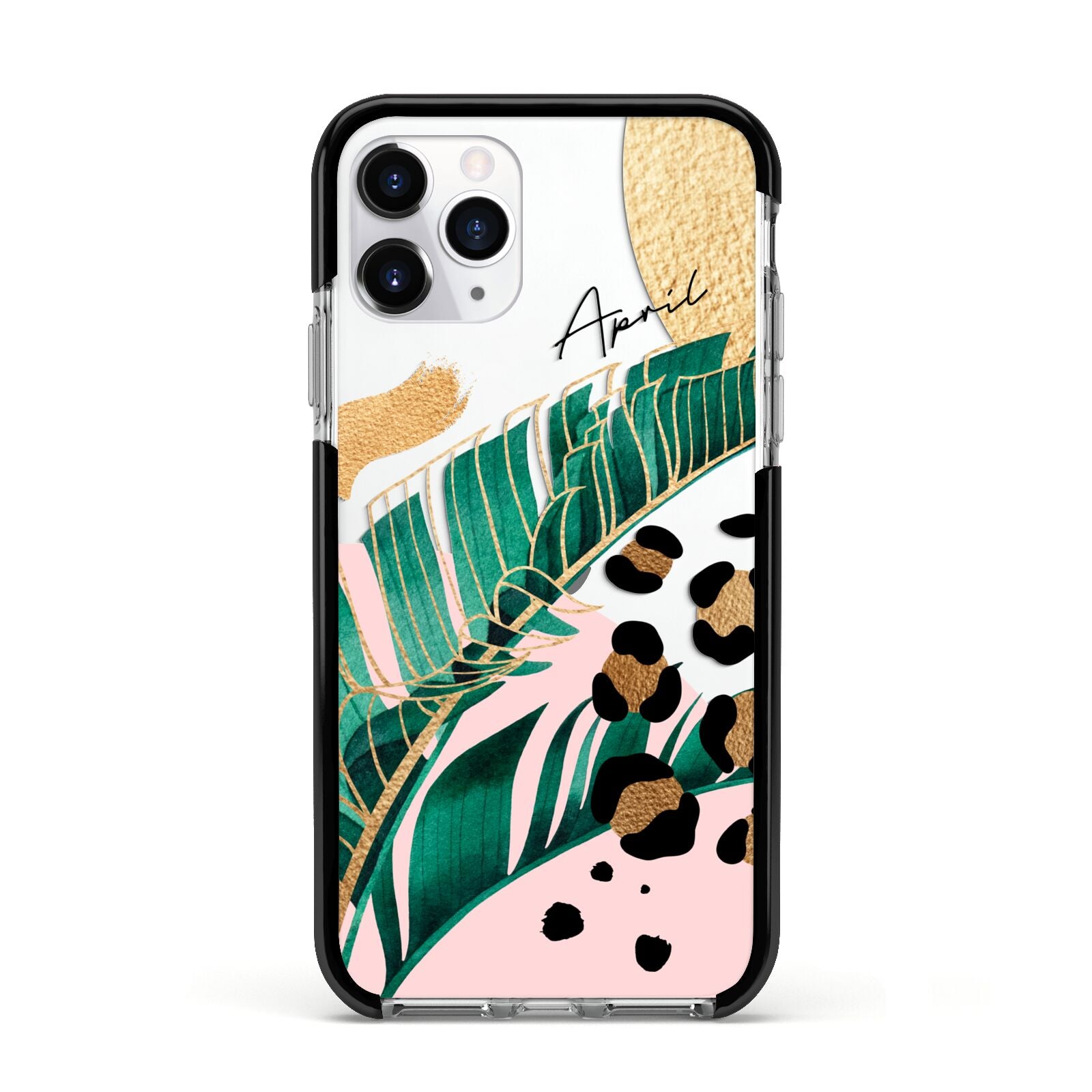 Personalised Tropical Gold Apple iPhone 11 Pro in Silver with Black Impact Case