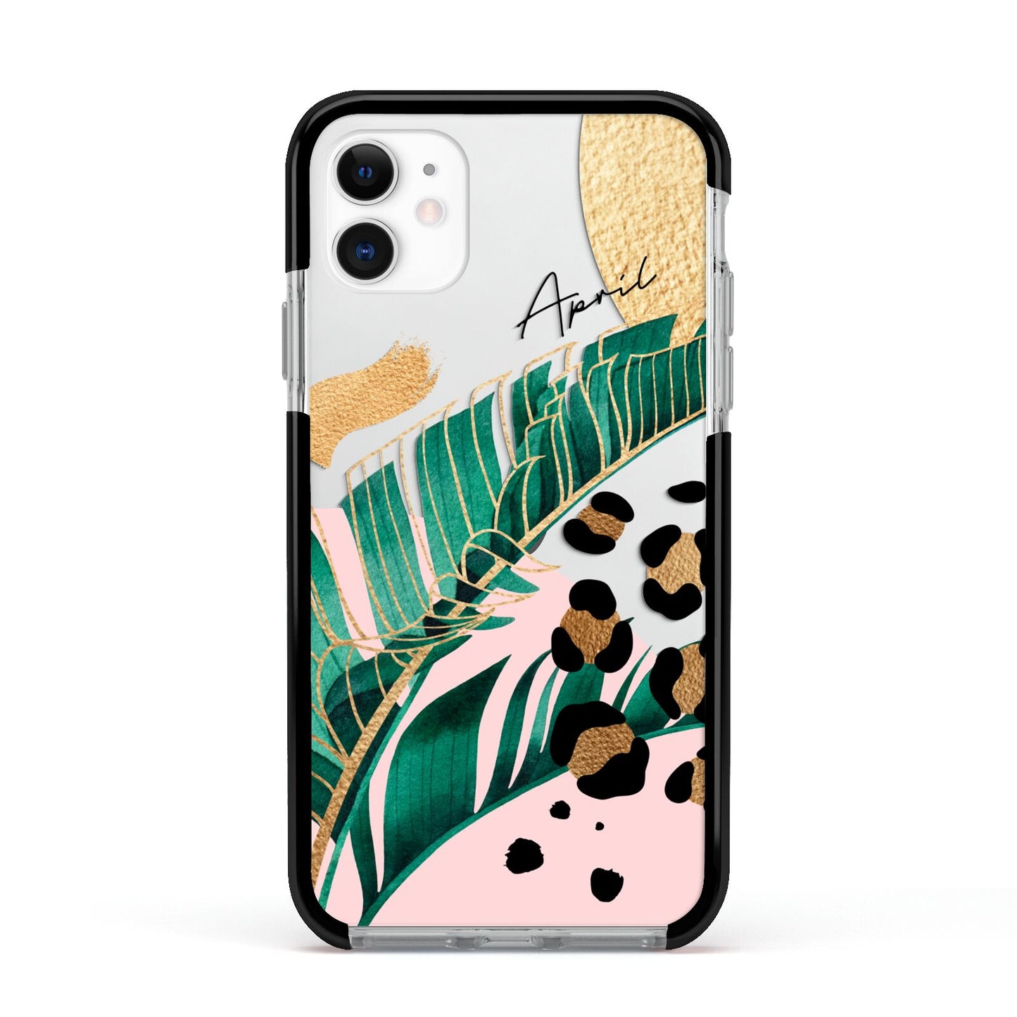 Personalised Tropical Gold Apple iPhone 11 in White with Black Impact Case