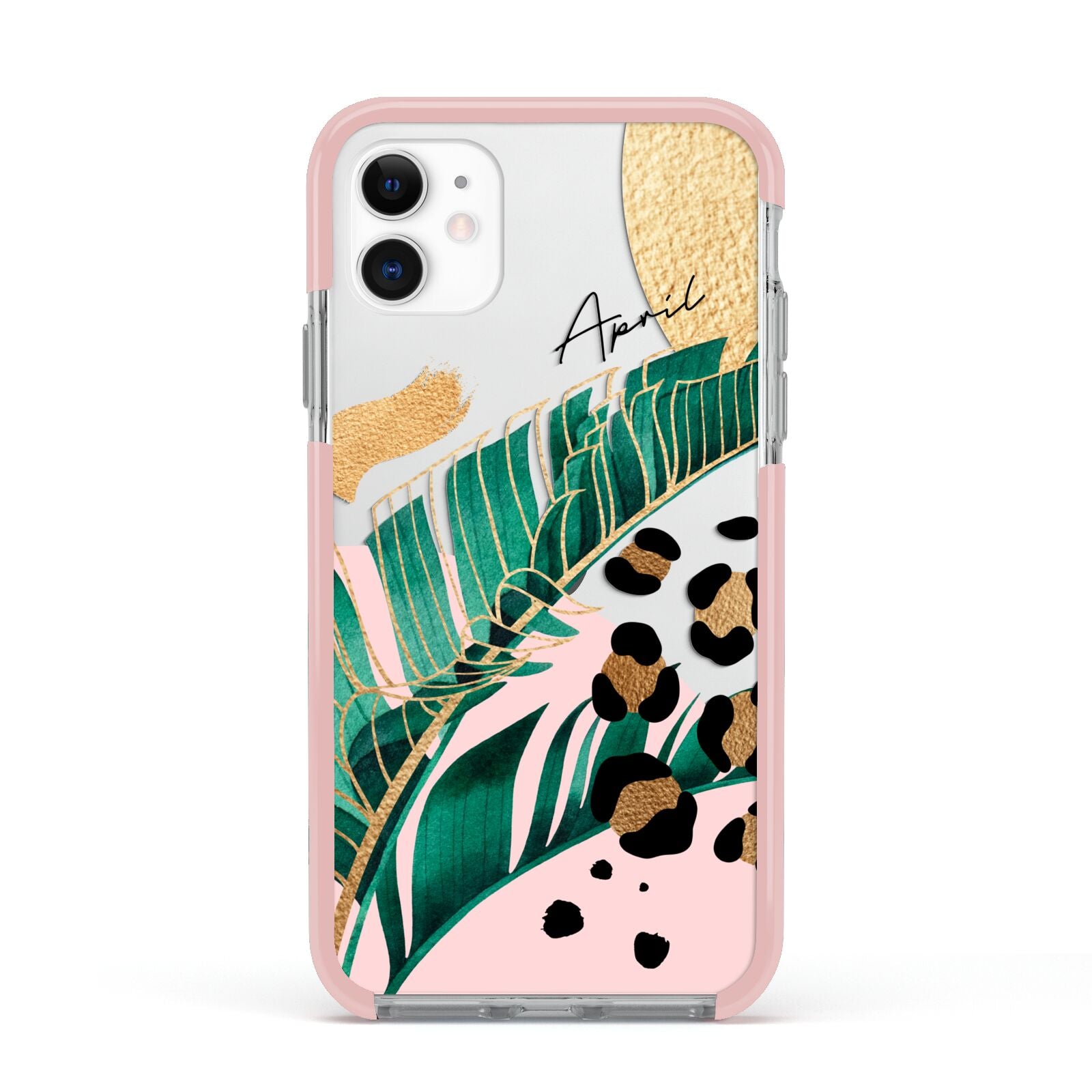 Personalised Tropical Gold Apple iPhone 11 in White with Pink Impact Case