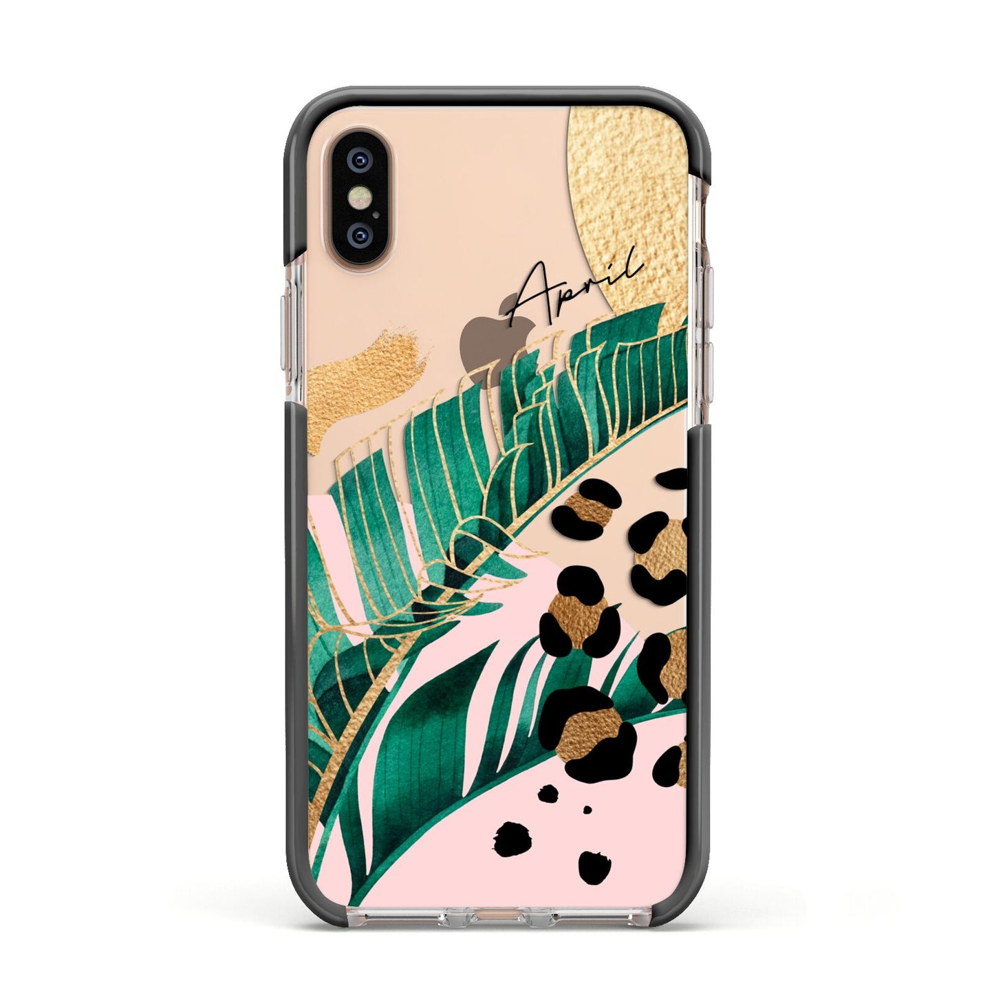 Personalised Tropical Gold Apple iPhone Xs Impact Case Black Edge on Gold Phone