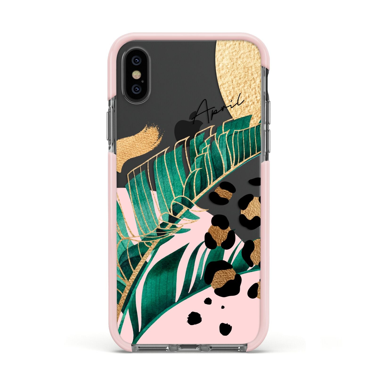 Personalised Tropical Gold Apple iPhone Xs Impact Case Pink Edge on Black Phone