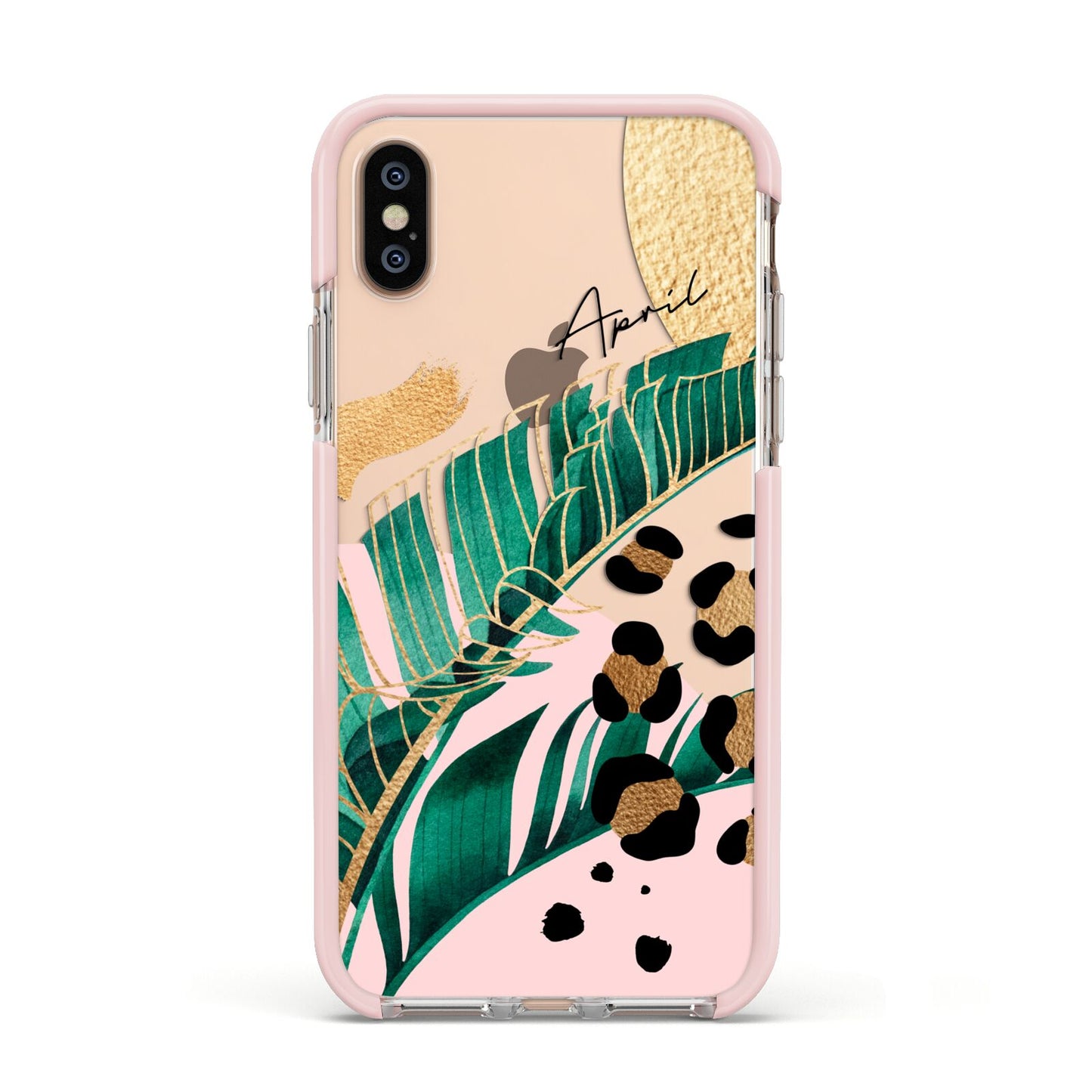 Personalised Tropical Gold Apple iPhone Xs Impact Case Pink Edge on Gold Phone