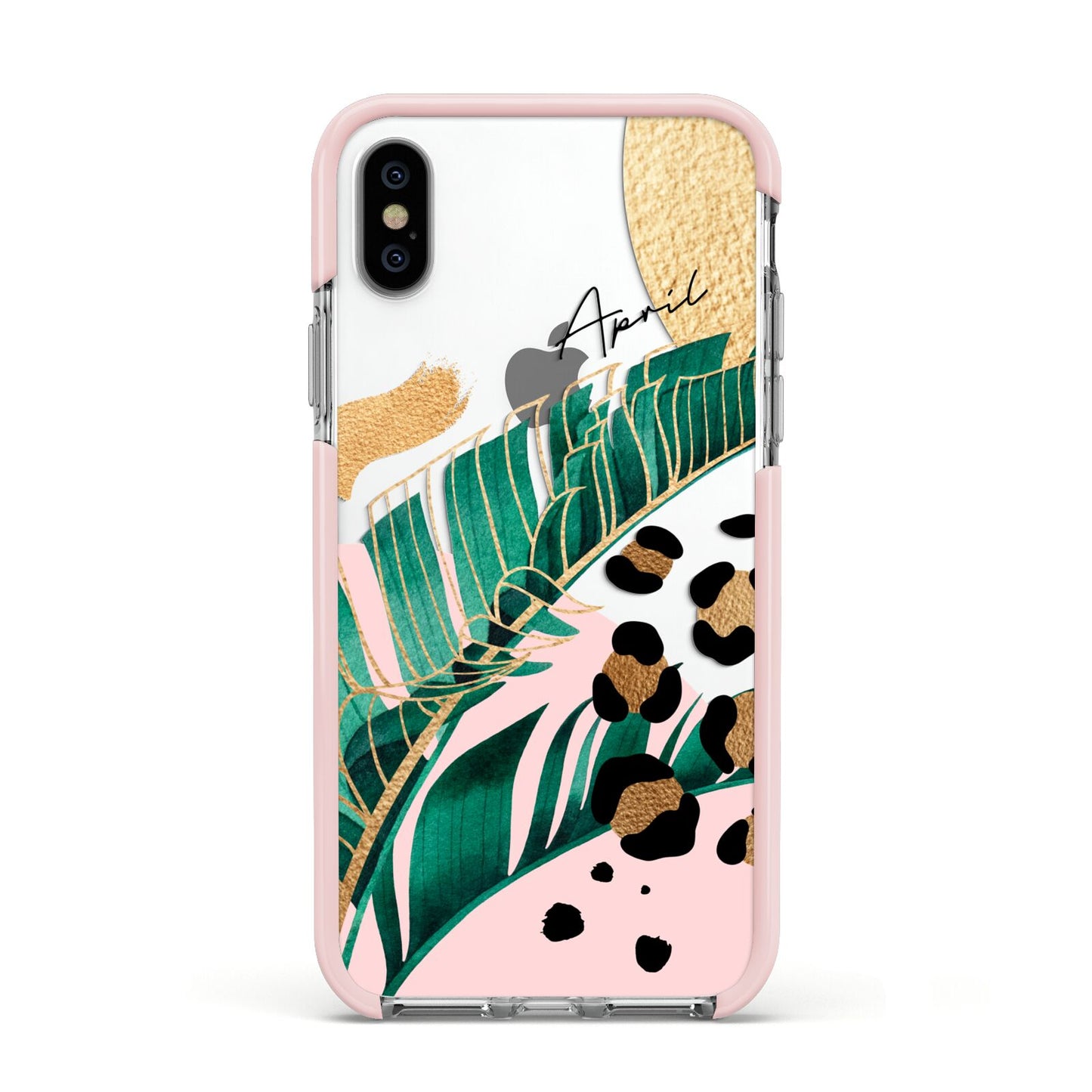 Personalised Tropical Gold Apple iPhone Xs Impact Case Pink Edge on Silver Phone