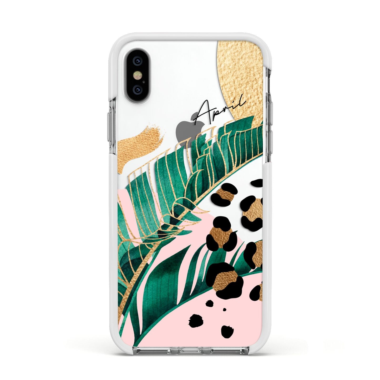 Personalised Tropical Gold Apple iPhone Xs Impact Case White Edge on Silver Phone
