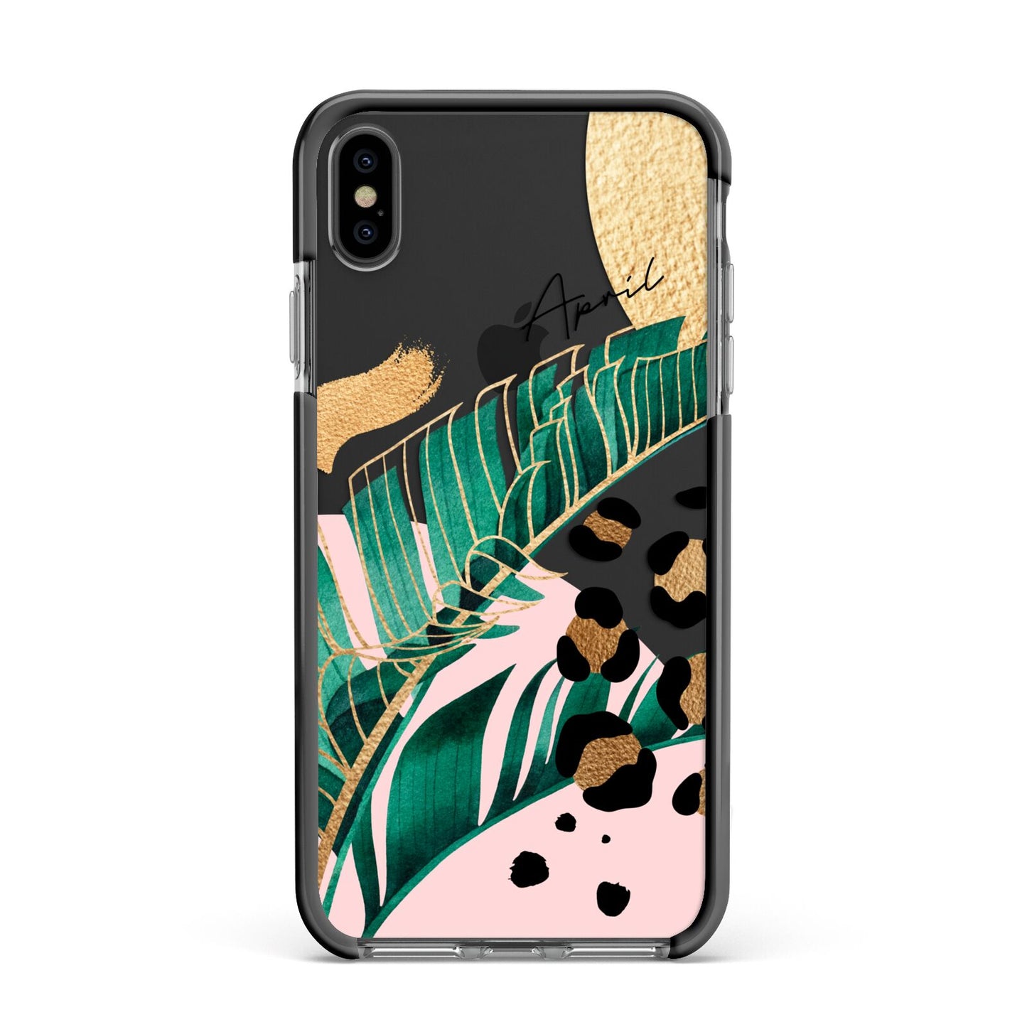 Personalised Tropical Gold Apple iPhone Xs Max Impact Case Black Edge on Black Phone