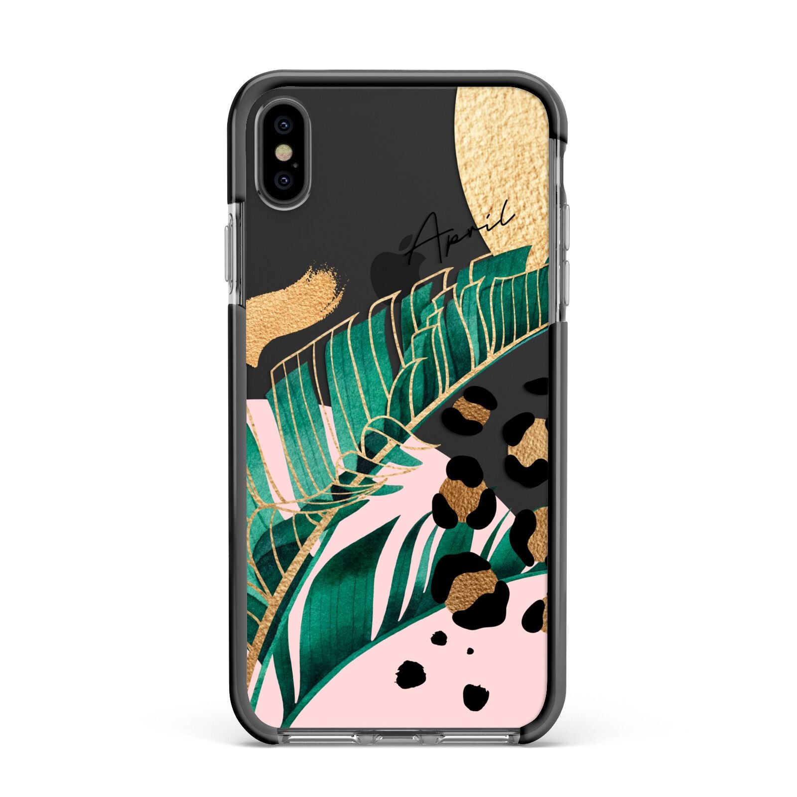 Personalised Tropical Gold Apple iPhone Xs Max Impact Case Black Edge on Black Phone