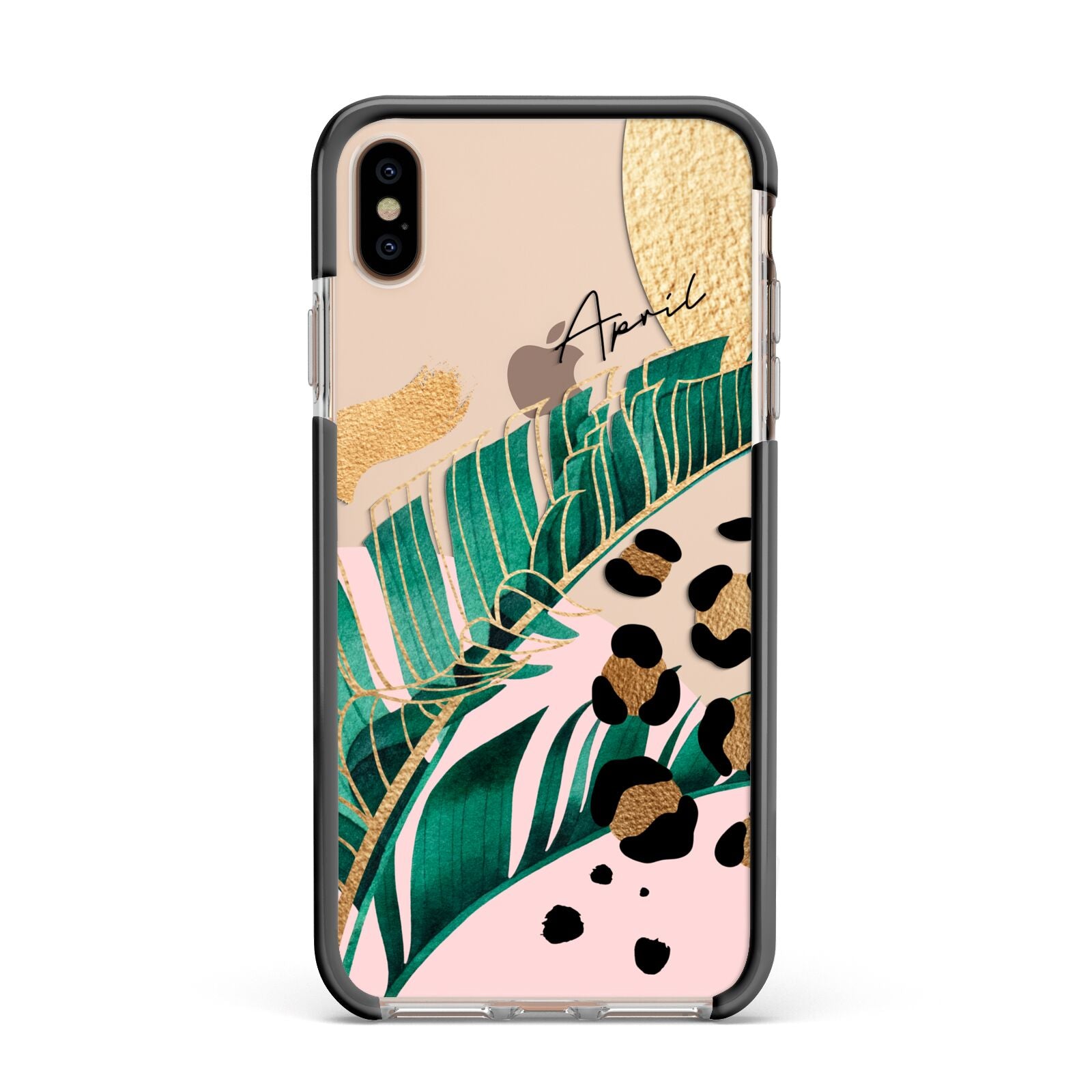 Personalised Tropical Gold Apple iPhone Xs Max Impact Case Black Edge on Gold Phone