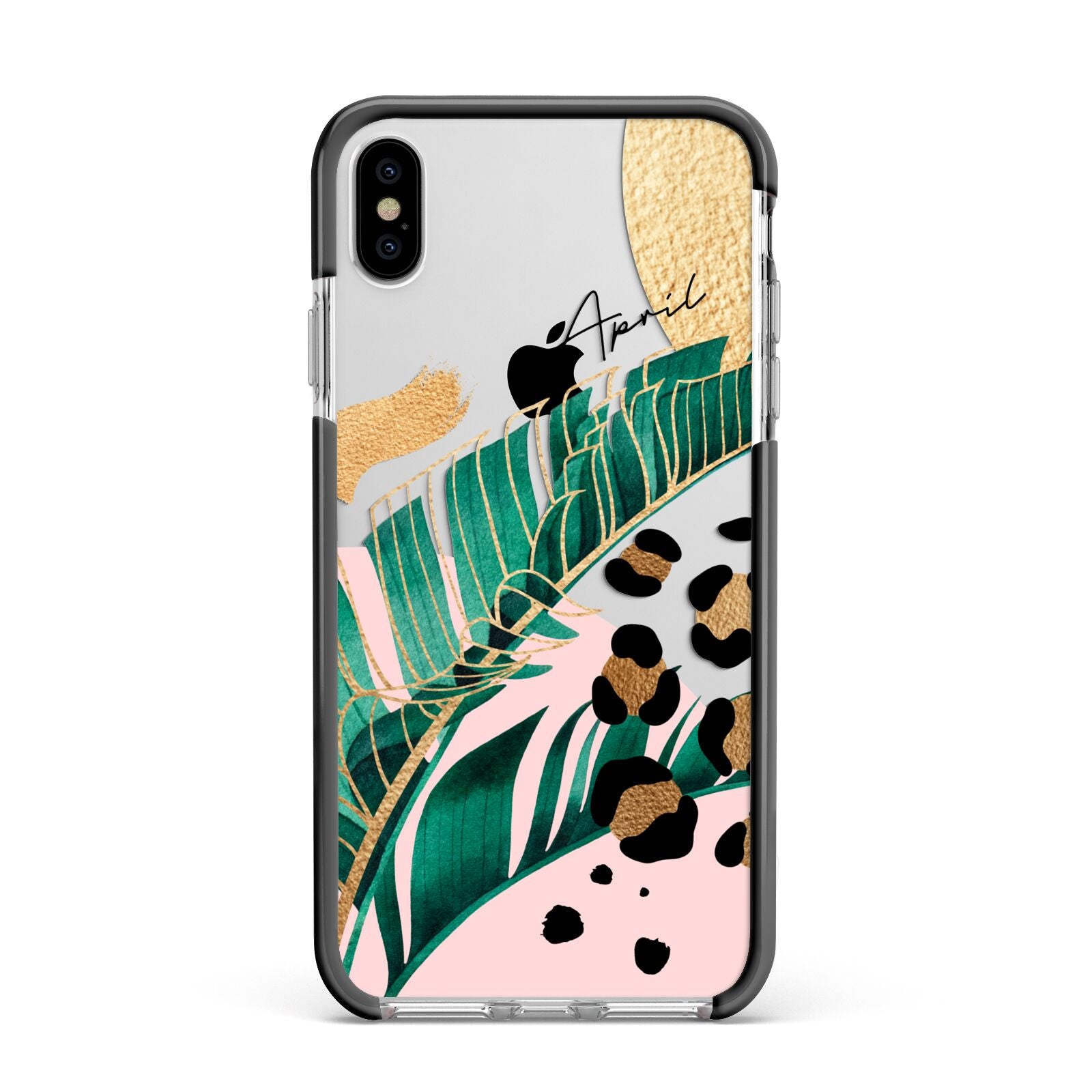 Personalised Tropical Gold Apple iPhone Xs Max Impact Case Black Edge on Silver Phone