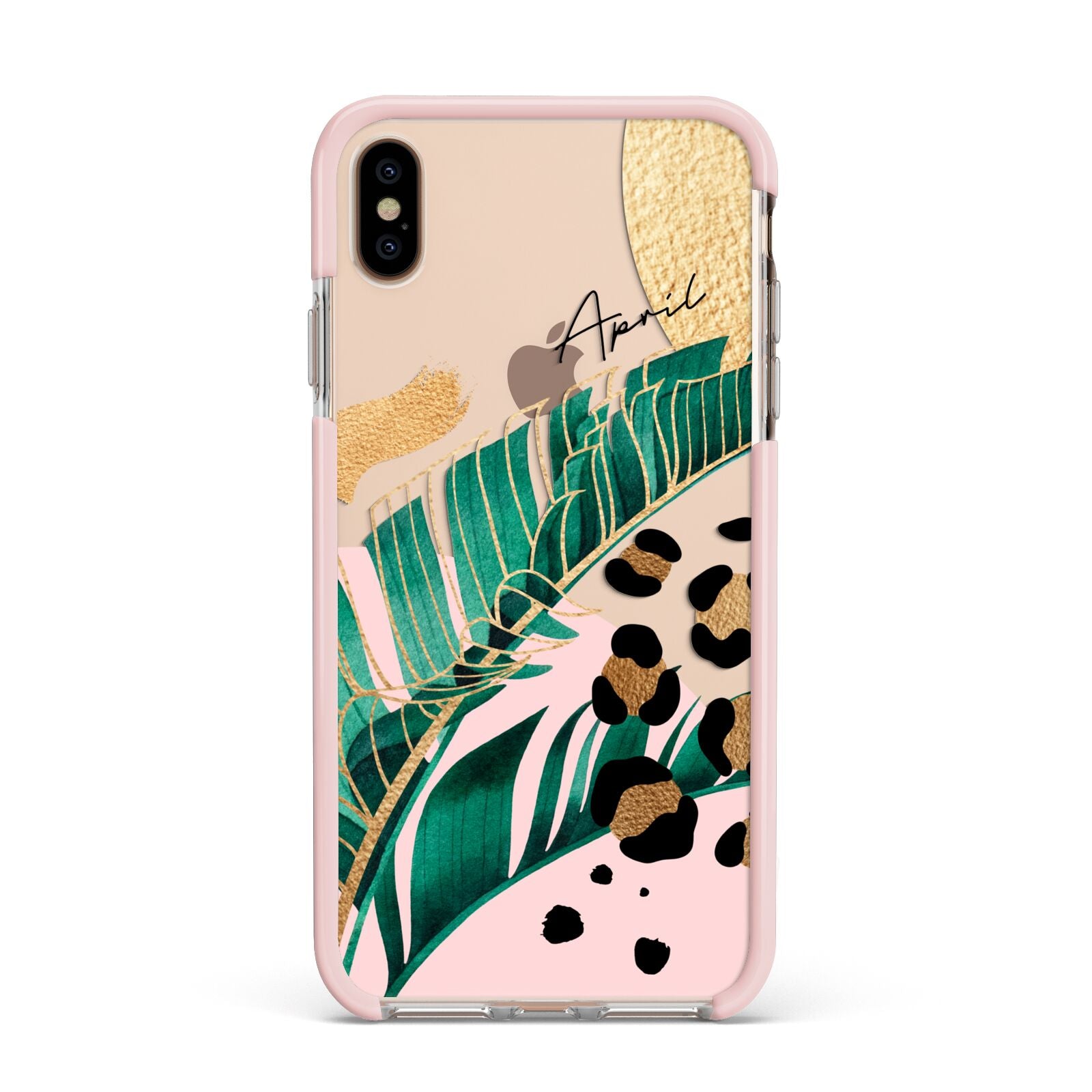 Personalised Tropical Gold Apple iPhone Xs Max Impact Case Pink Edge on Gold Phone