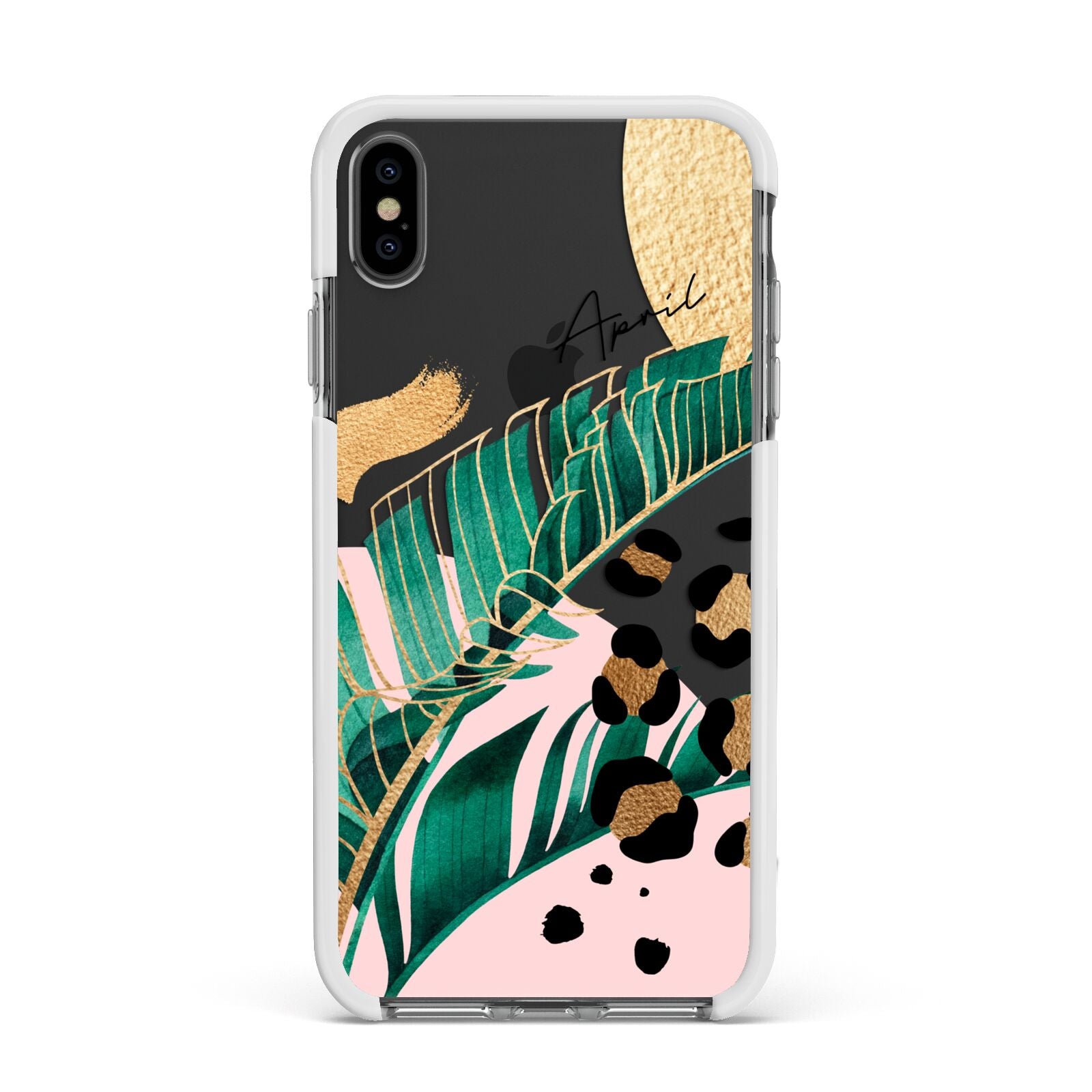 Personalised Tropical Gold Apple iPhone Xs Max Impact Case White Edge on Black Phone