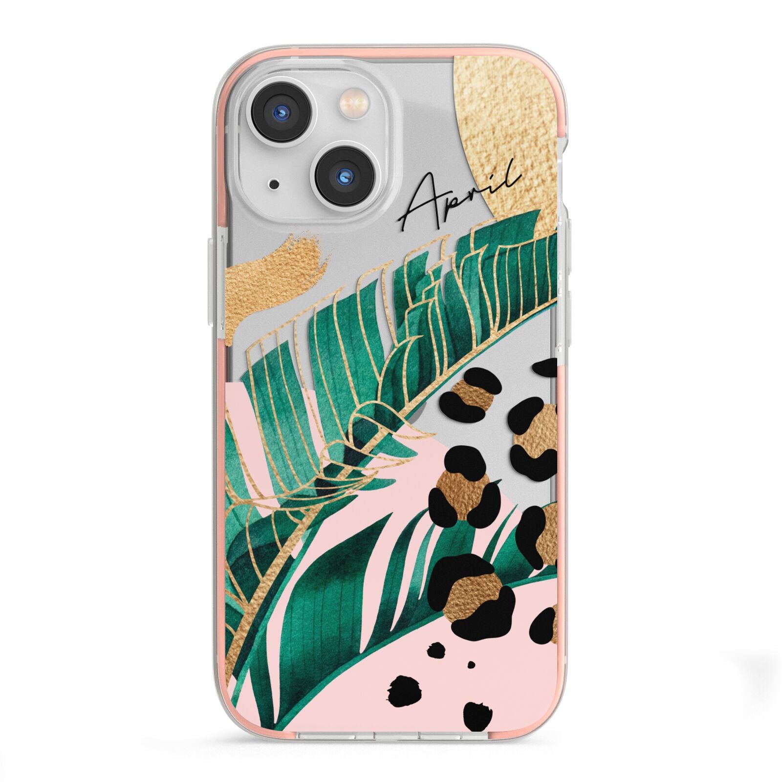 Personalised Tropical Gold iPhone 13 Mini TPU Impact Case with Pink Edges