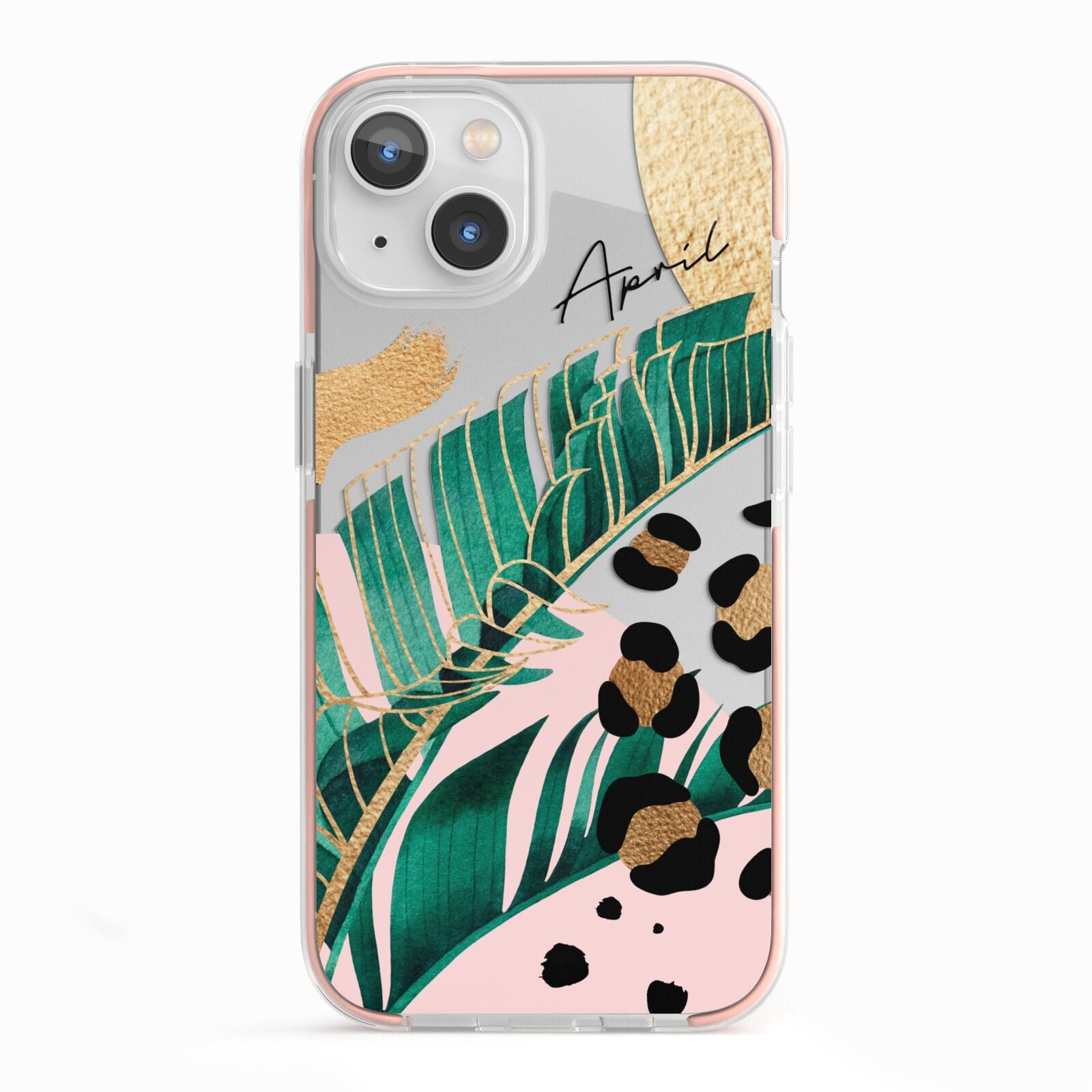 Personalised Tropical Gold iPhone 13 TPU Impact Case with Pink Edges