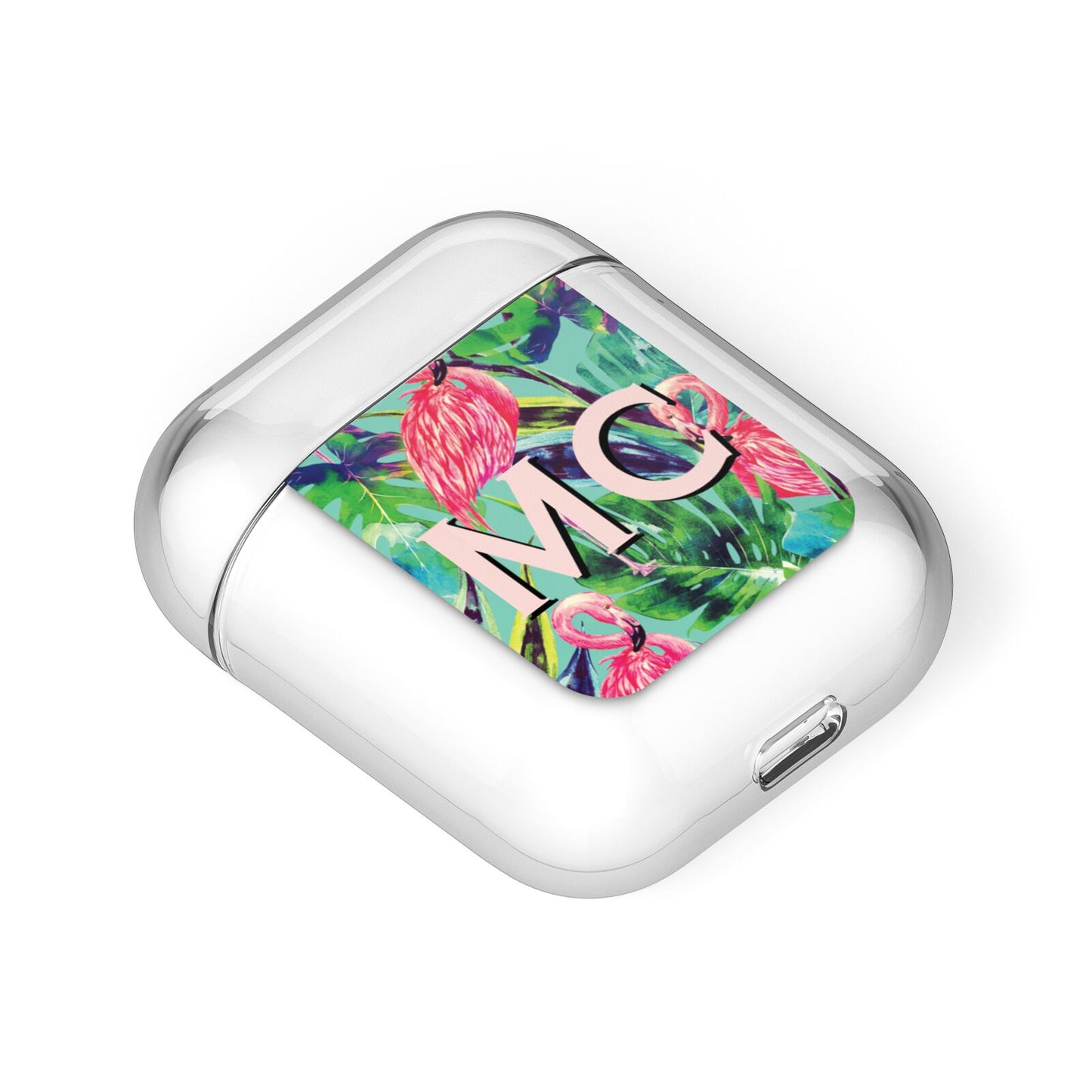 Personalised Tropical Green Leaves Flamingo AirPods Case Laid Flat