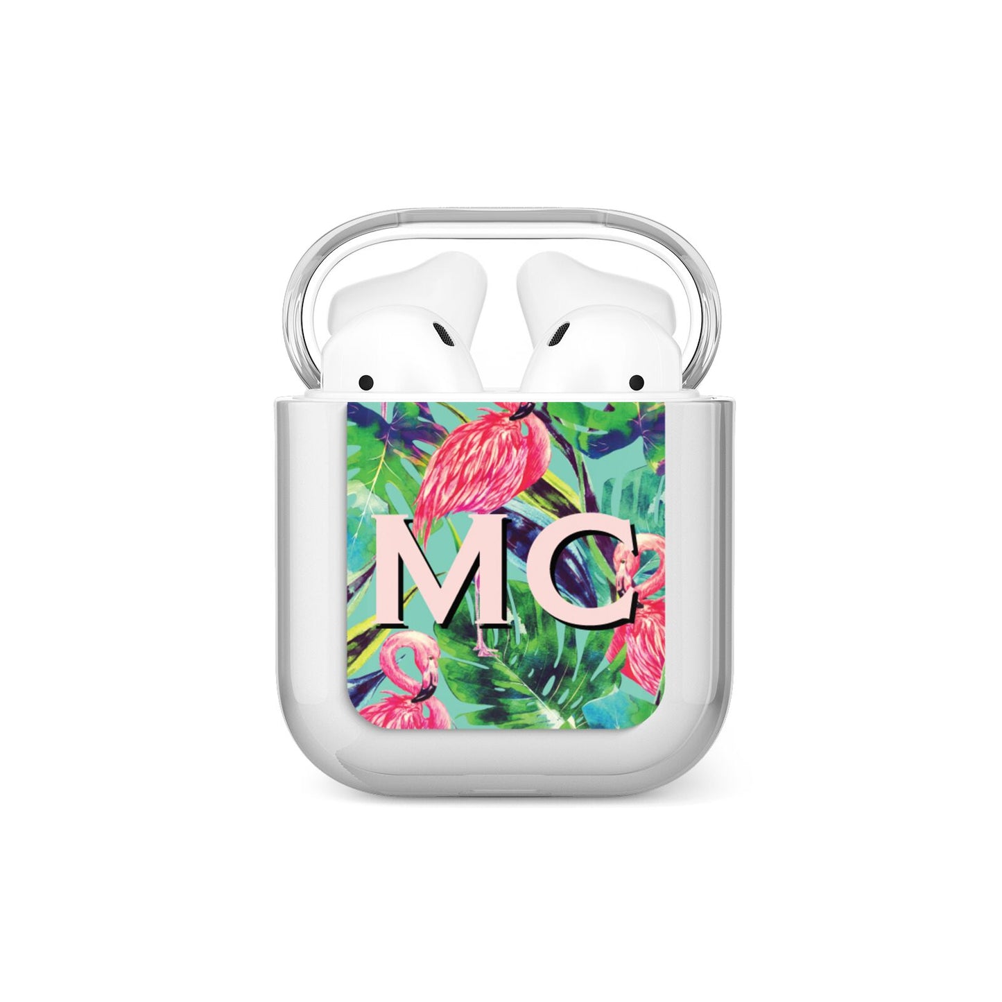 Personalised Tropical Green Leaves Flamingo AirPods Case