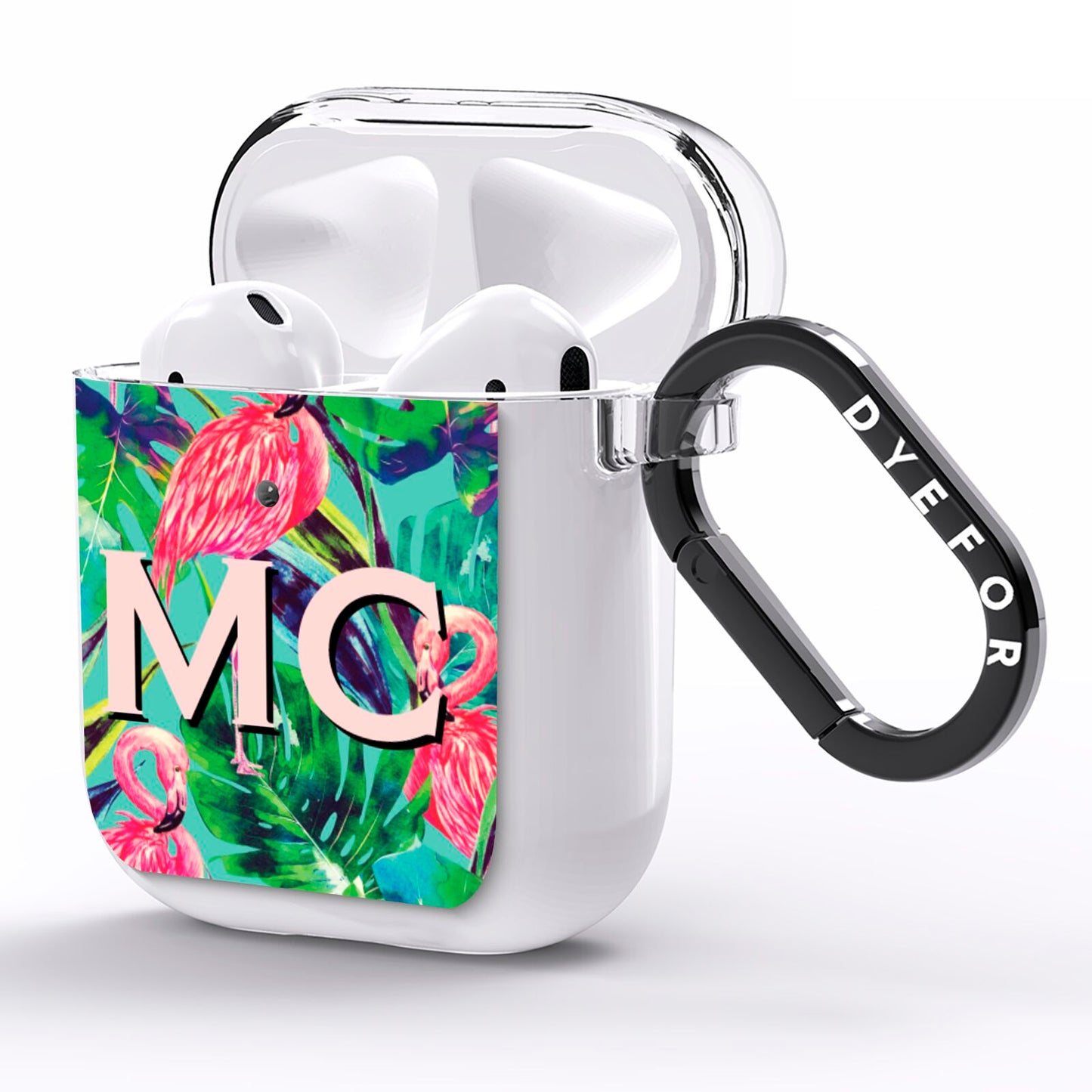 Personalised Tropical Green Leaves Flamingo AirPods Clear Case Side Image