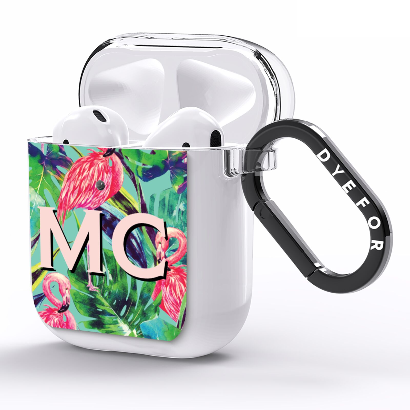 Personalised Tropical Green Leaves Flamingo AirPods Clear Case Side Image