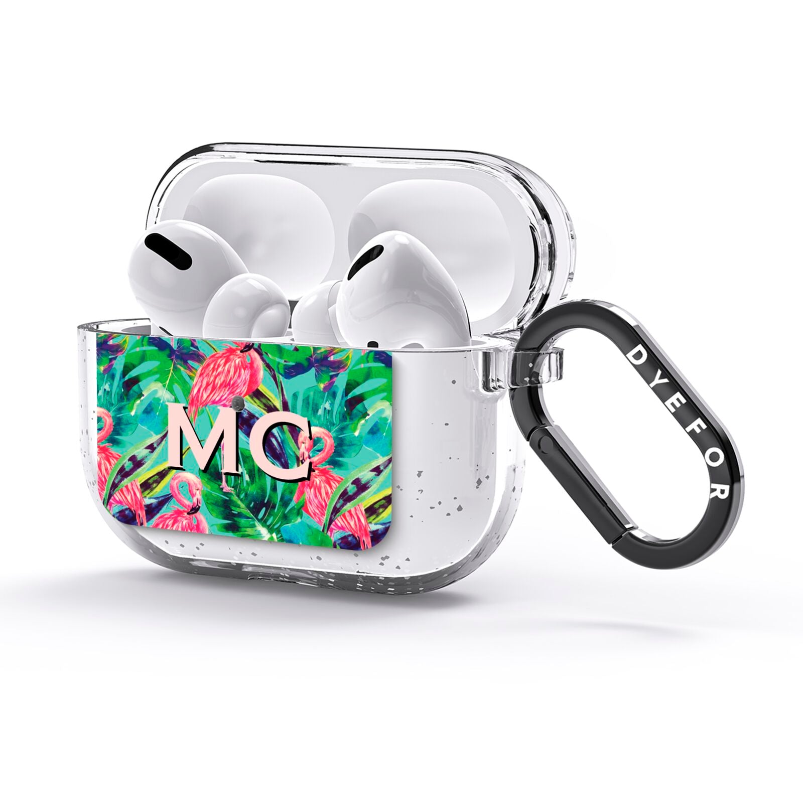 Personalised Tropical Green Leaves Flamingo AirPods Glitter Case 3rd Gen Side Image