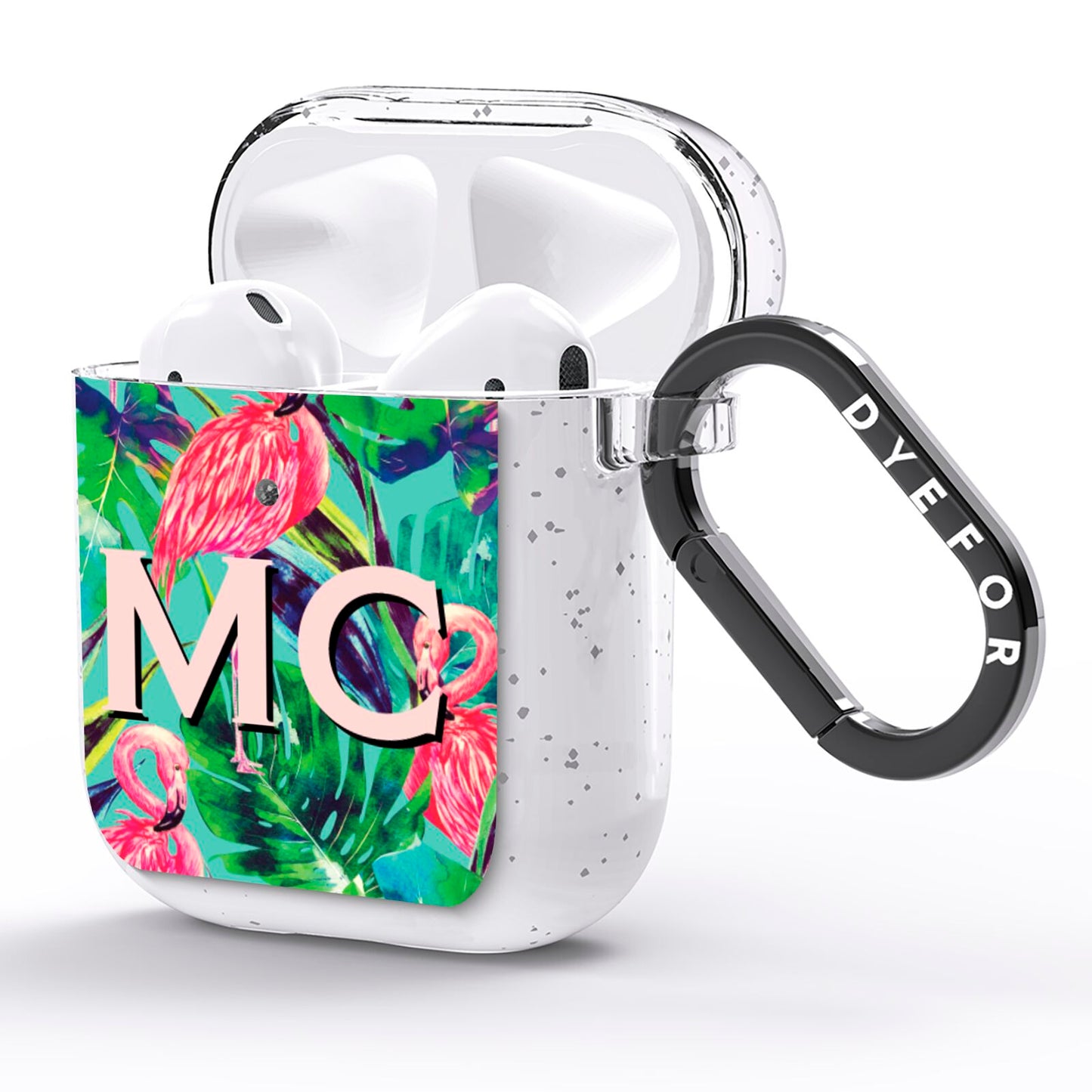 Personalised Tropical Green Leaves Flamingo AirPods Glitter Case Side Image