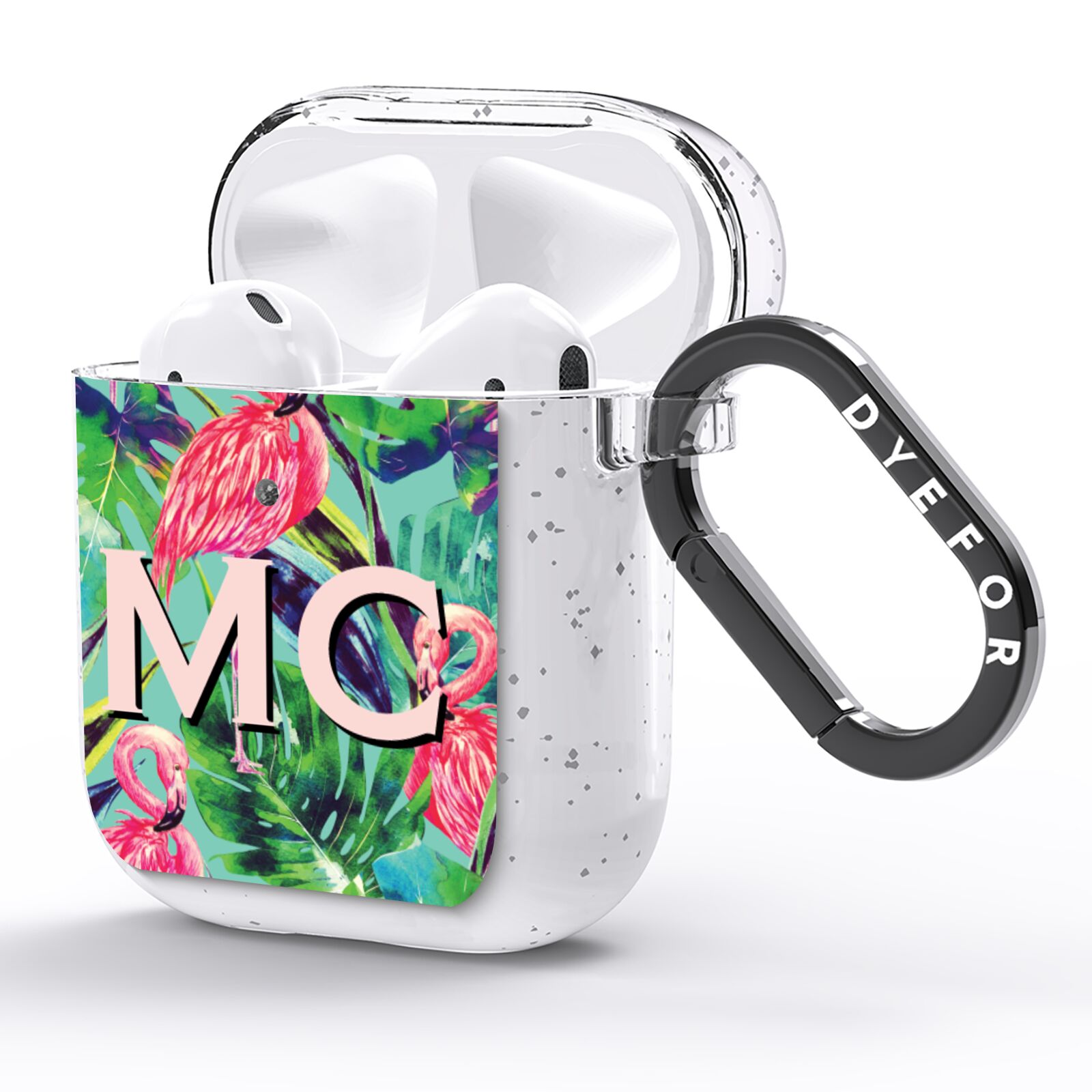 Personalised Tropical Green Leaves Flamingo AirPods Glitter Case Side Image