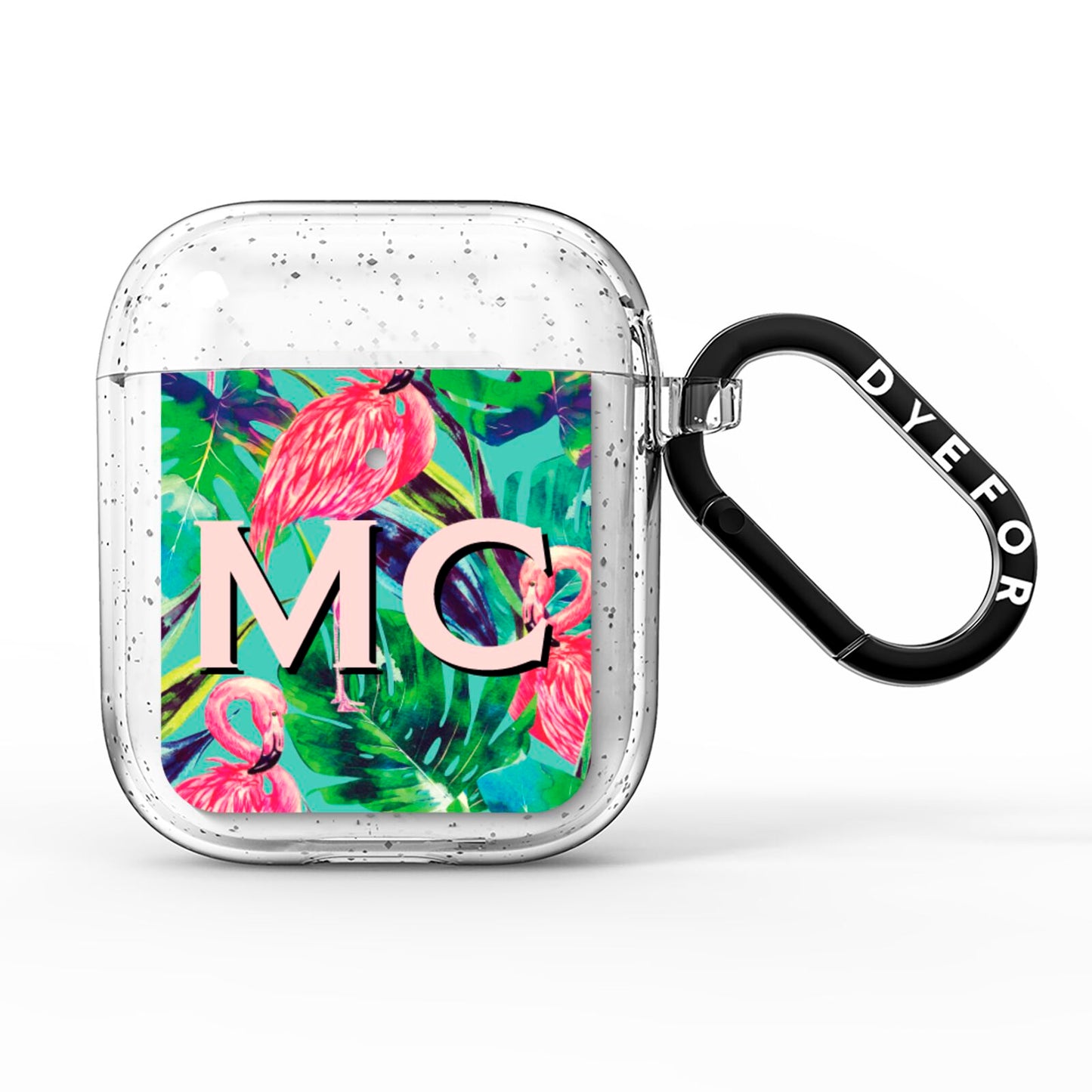 Personalised Tropical Green Leaves Flamingo AirPods Glitter Case