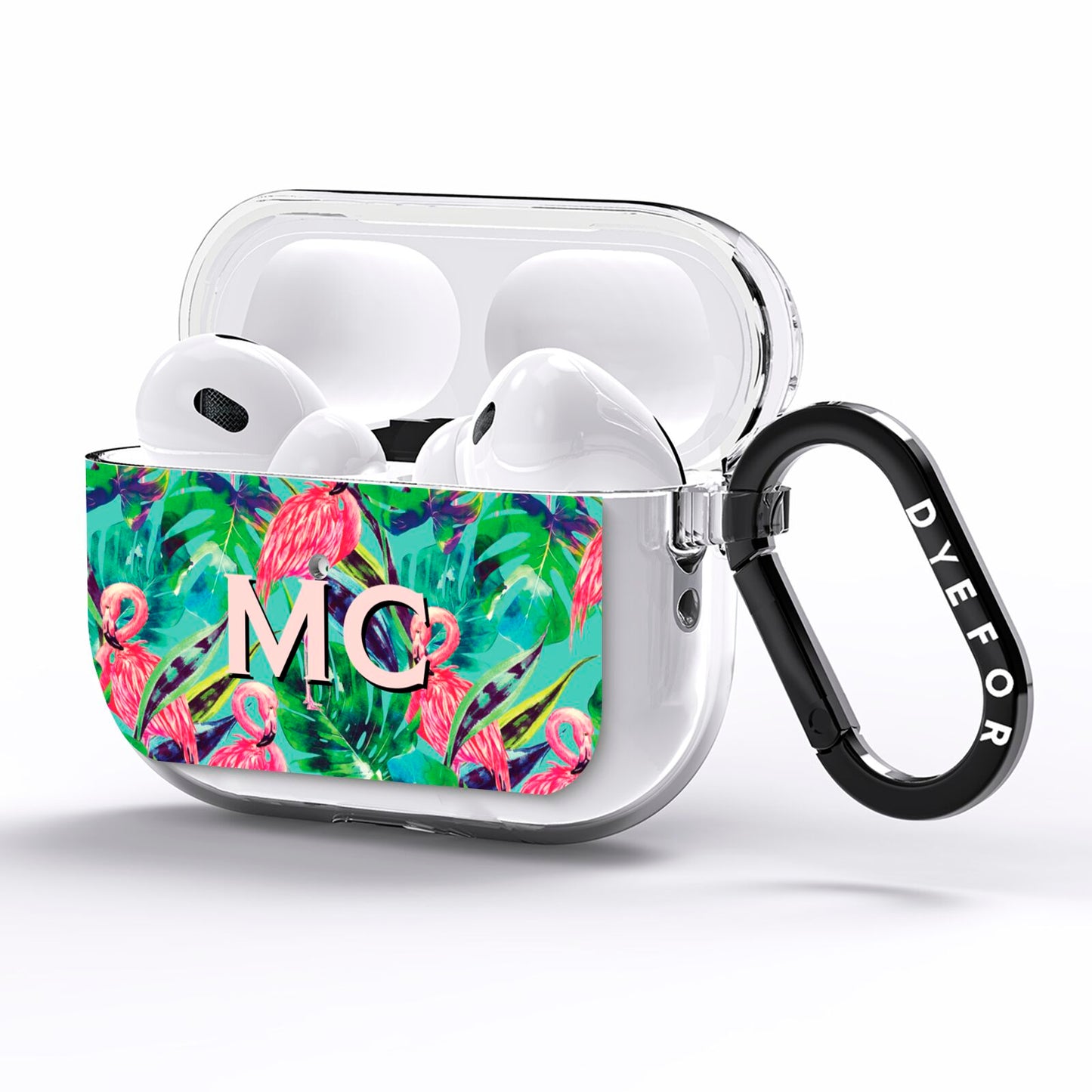 Personalised Tropical Green Leaves Flamingo AirPods Pro Clear Case Side Image