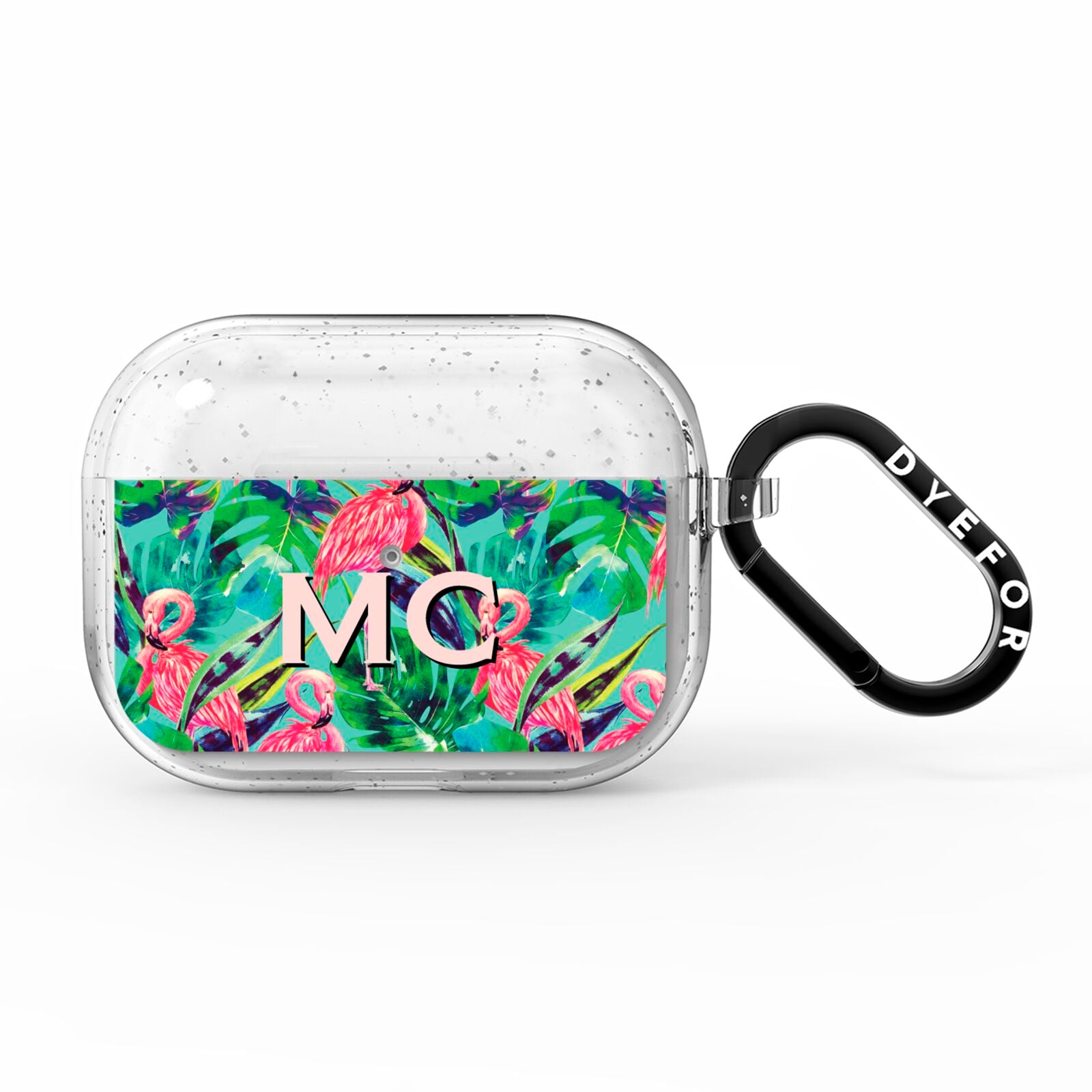 Personalised Tropical Green Leaves Flamingo AirPods Pro Glitter Case