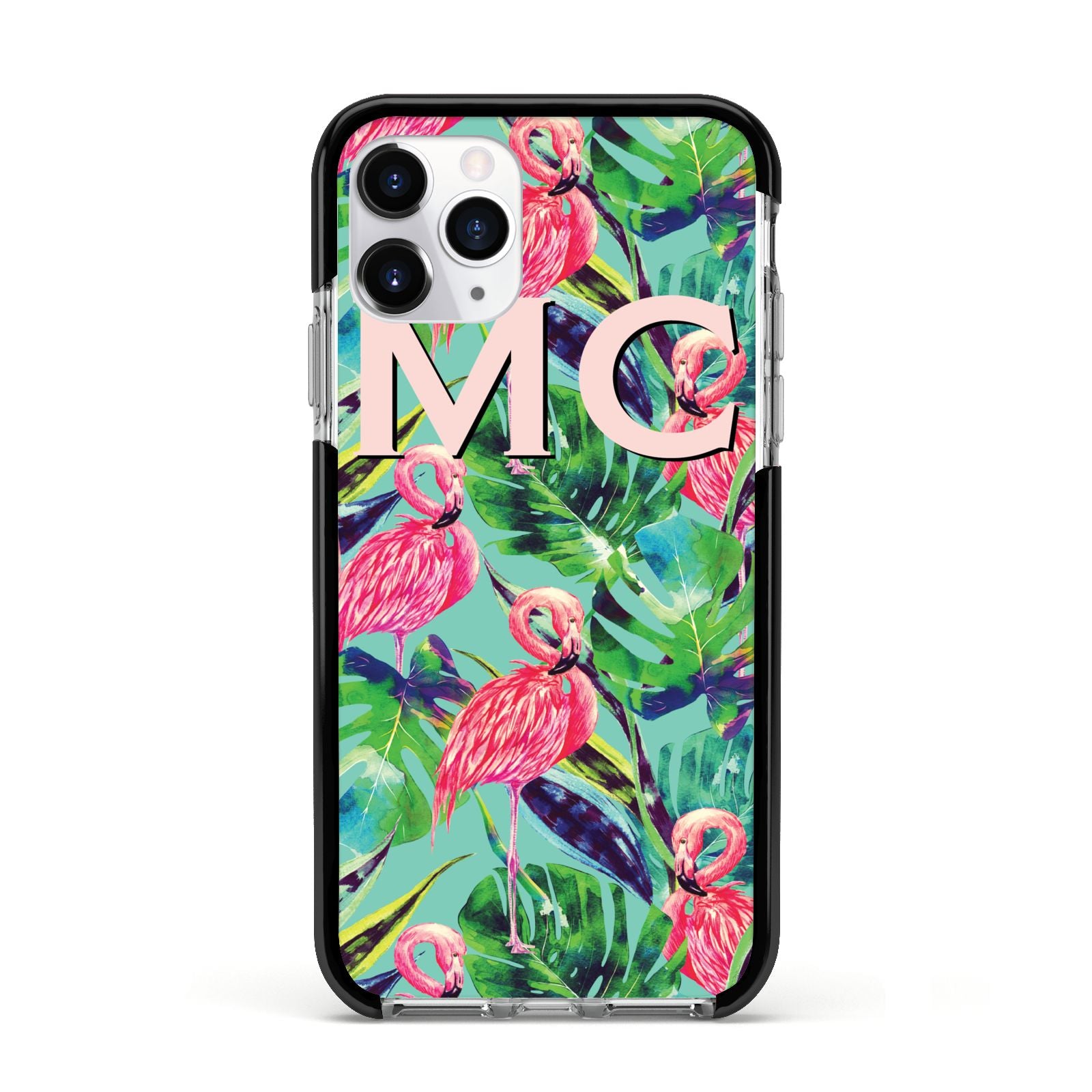 Personalised Tropical Green Leaves Flamingo Apple iPhone 11 Pro in Silver with Black Impact Case