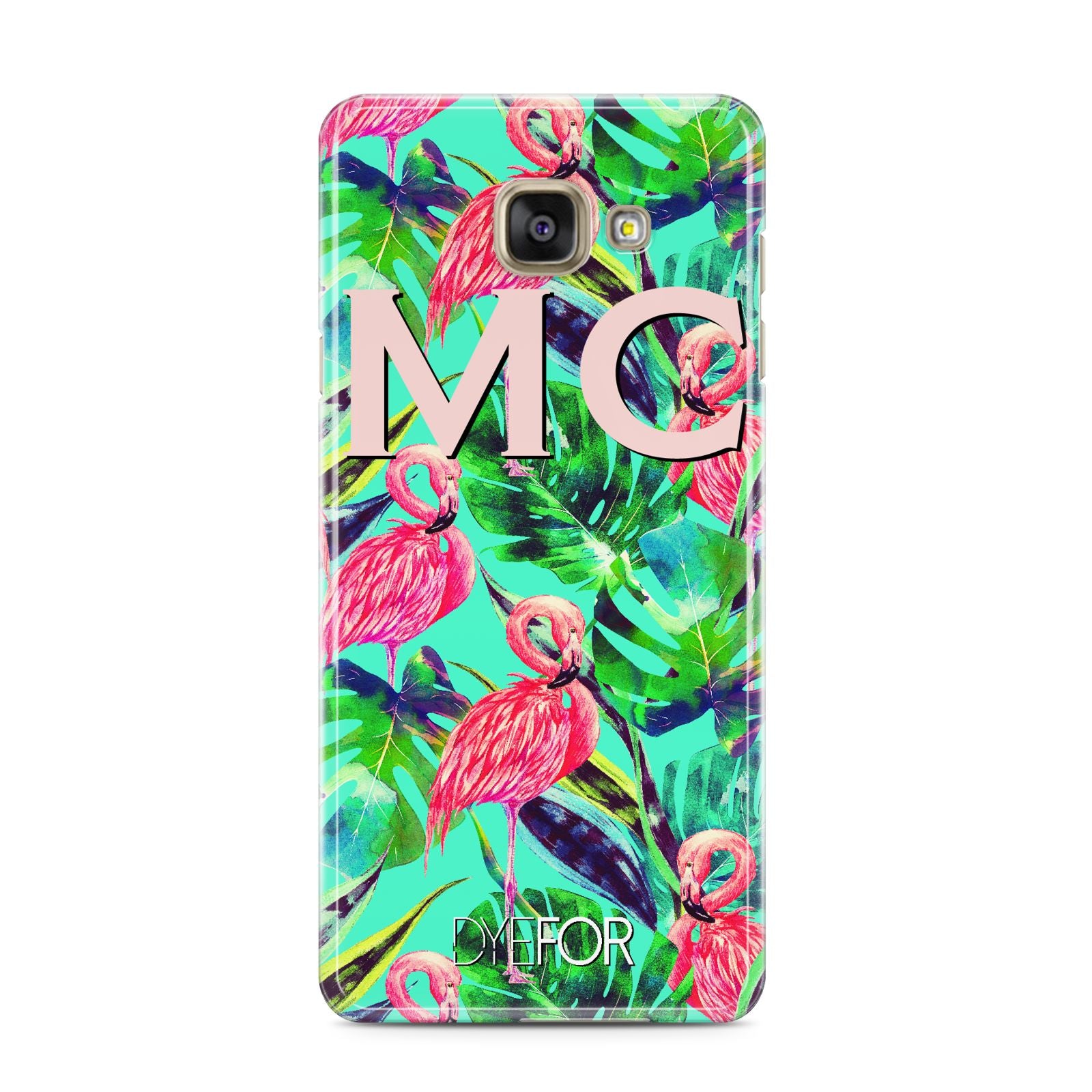 Personalised Tropical Green Leaves Flamingo Samsung Galaxy A3 2016 Case on gold phone