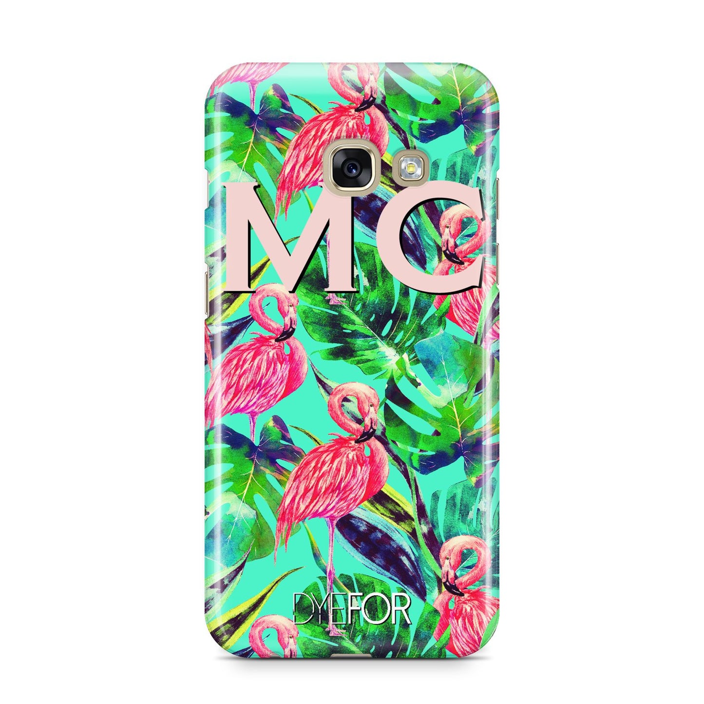 Personalised Tropical Green Leaves Flamingo Samsung Galaxy A3 2017 Case on gold phone