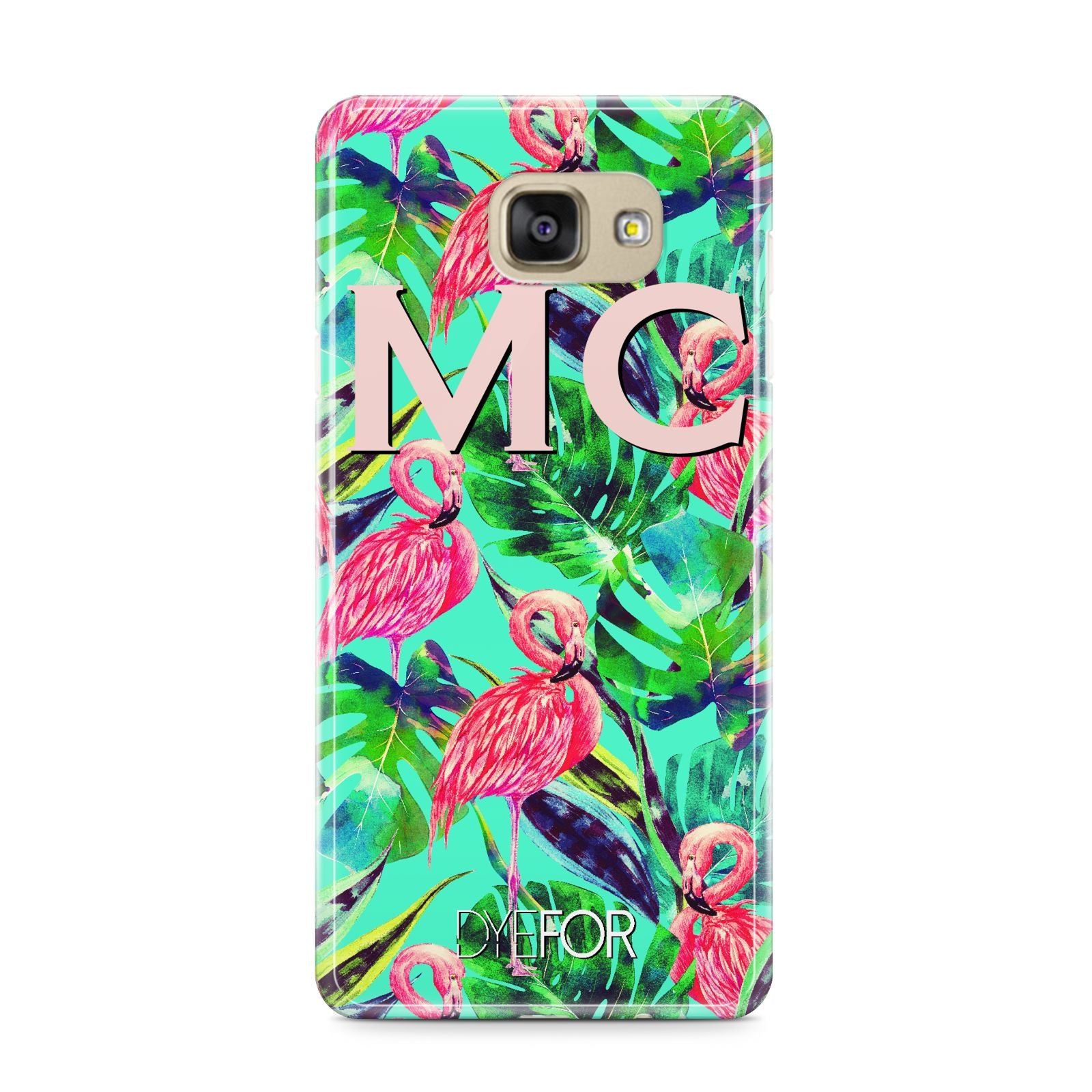 Personalised Tropical Green Leaves Flamingo Samsung Galaxy A9 2016 Case on gold phone