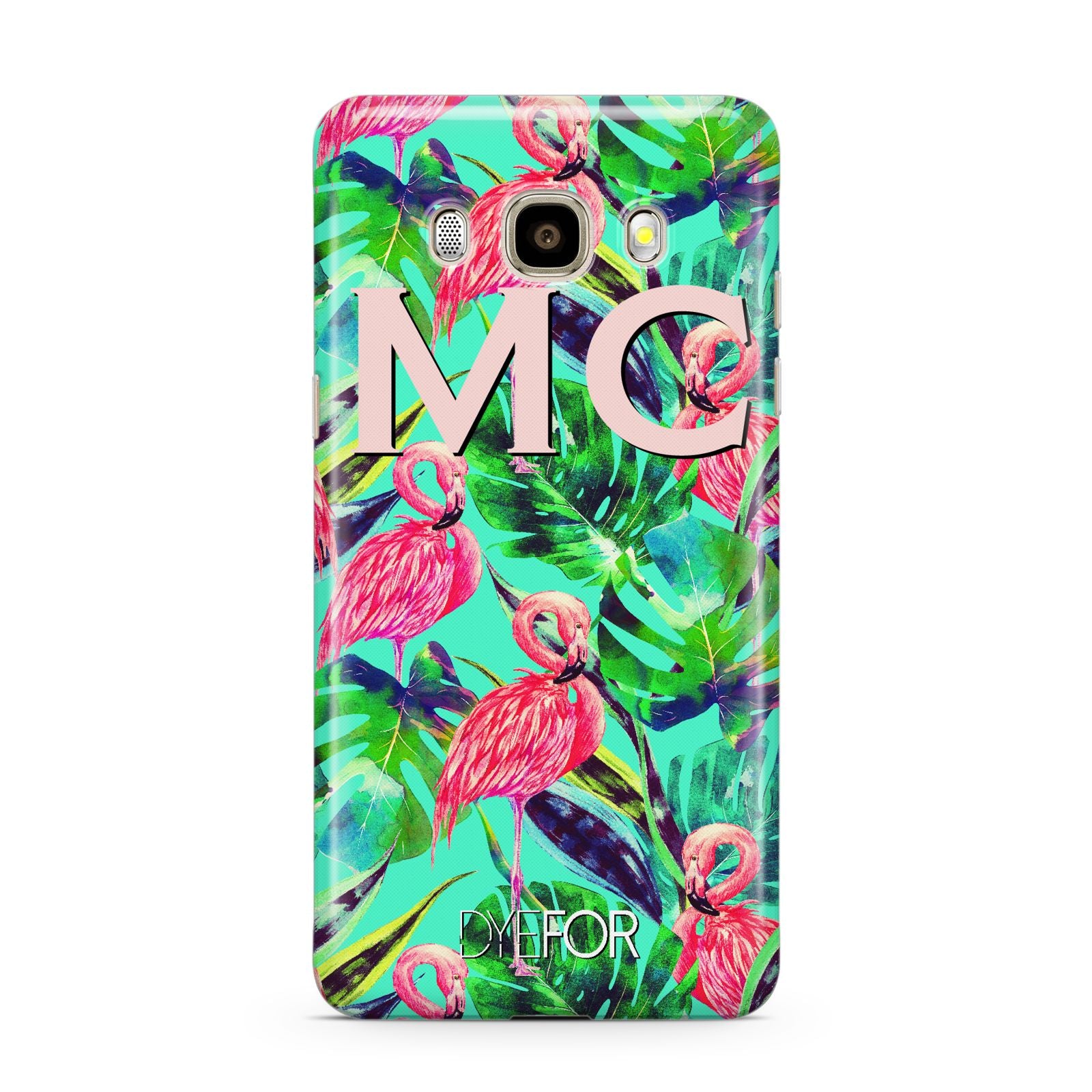 Personalised Tropical Green Leaves Flamingo Samsung Galaxy J7 2016 Case on gold phone