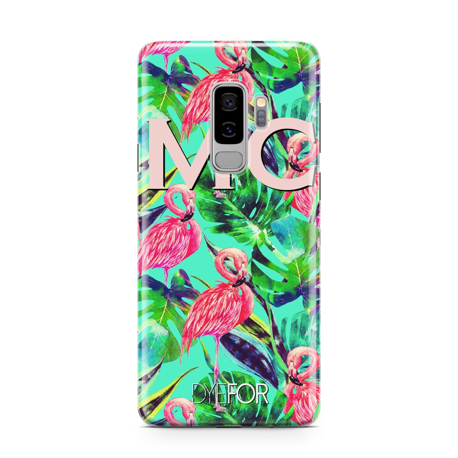 Personalised Tropical Green Leaves Flamingo Samsung Galaxy S9 Plus Case on Silver phone