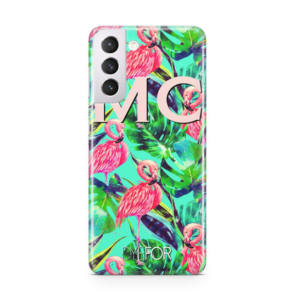 Personalised Tropical Green Leaves Flamingo Samsung S21 Case