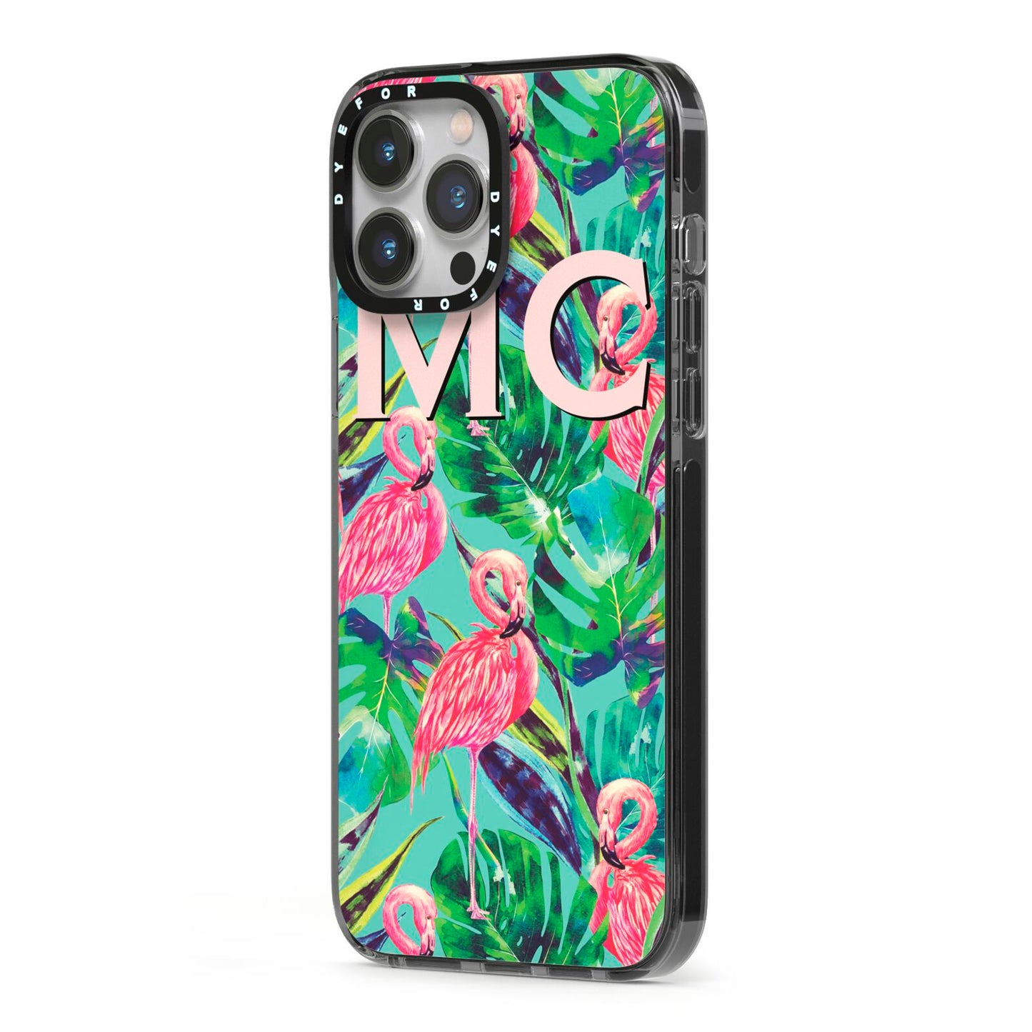 Personalised Tropical Green Leaves Flamingo iPhone 13 Pro Max Black Impact Case Side Angle on Silver phone