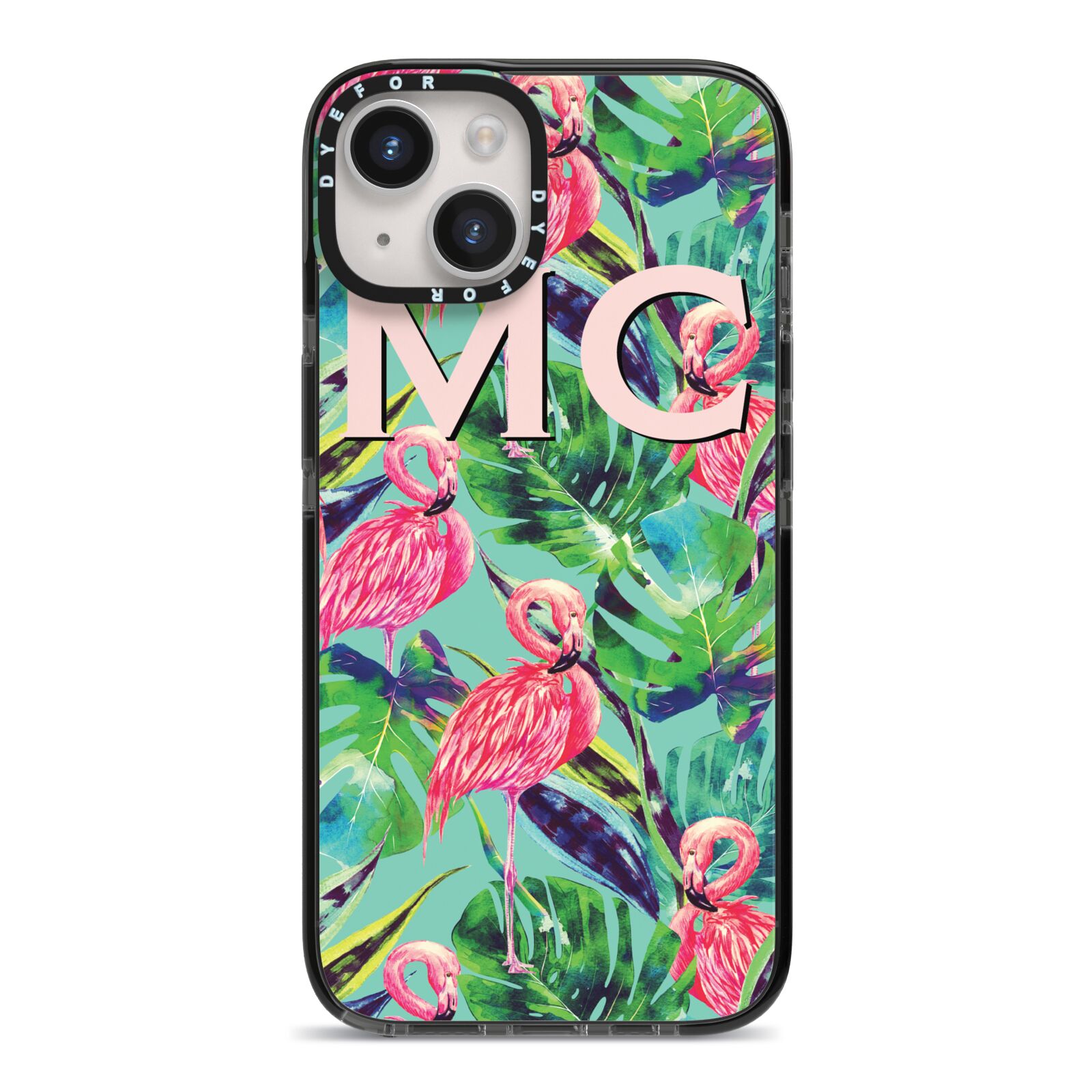 Personalised Tropical Green Leaves Flamingo iPhone 14 Black Impact Case on Silver phone