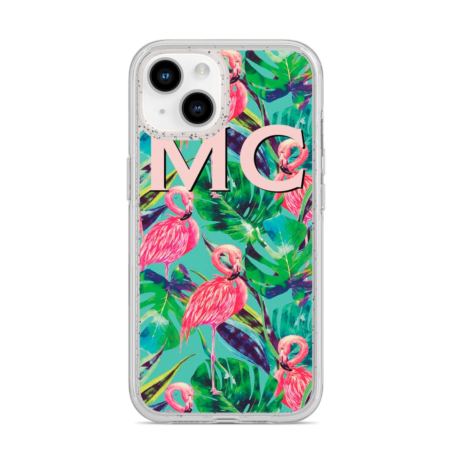 Personalised Tropical Green Leaves Flamingo iPhone 14 Glitter Tough Case Starlight