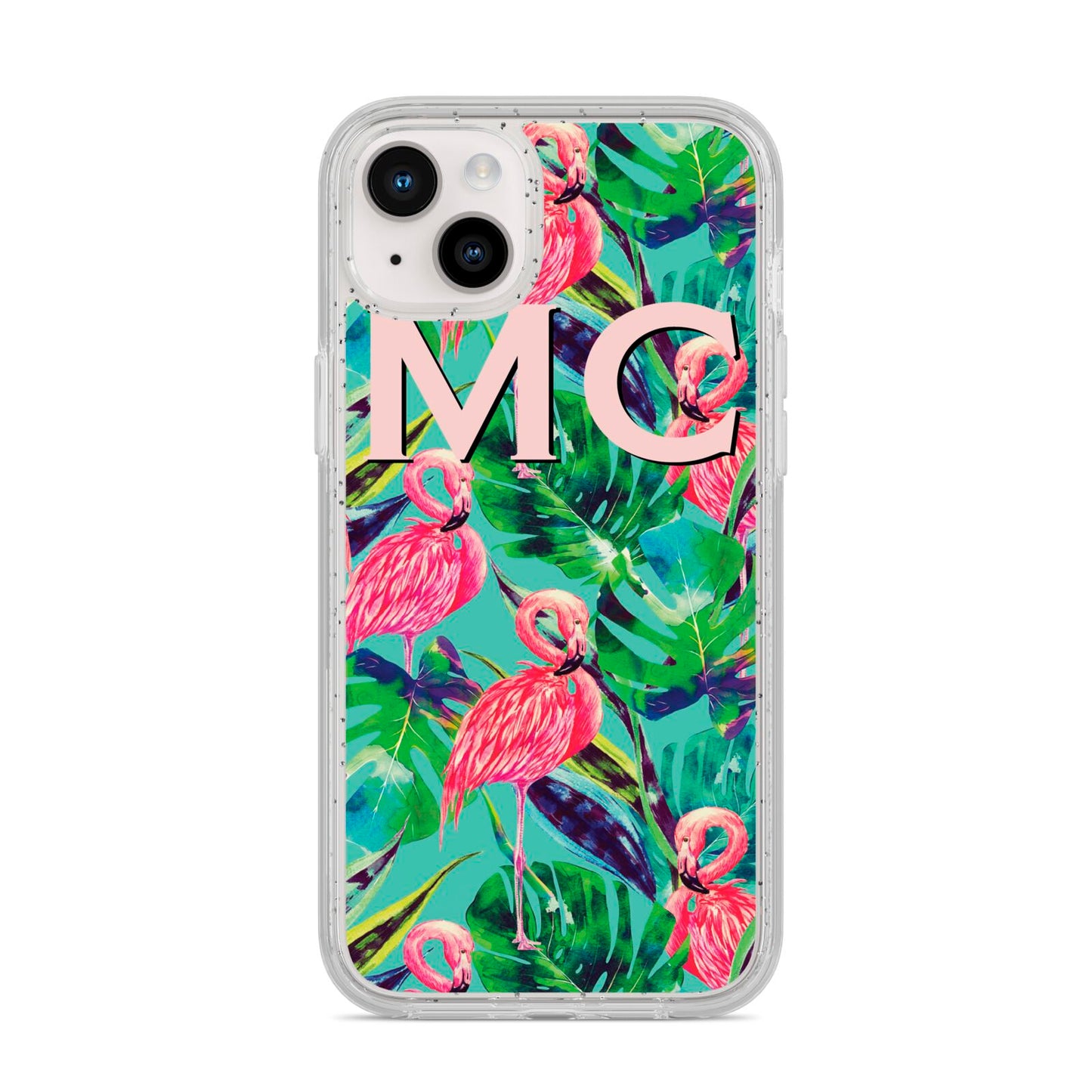 Personalised Tropical Green Leaves Flamingo iPhone 14 Plus Glitter Tough Case Starlight