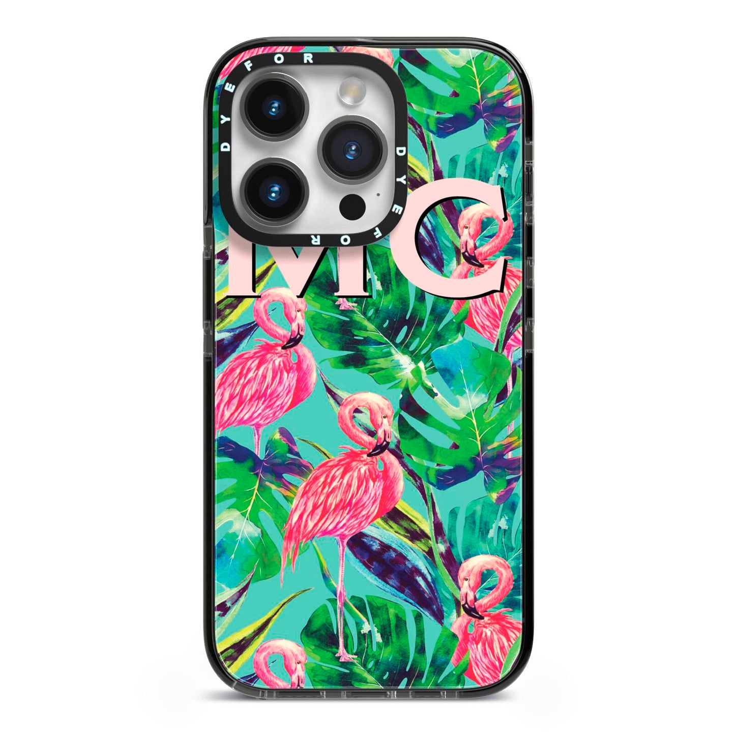 Personalised Tropical Green Leaves Flamingo iPhone 14 Pro Black Impact Case on Silver phone