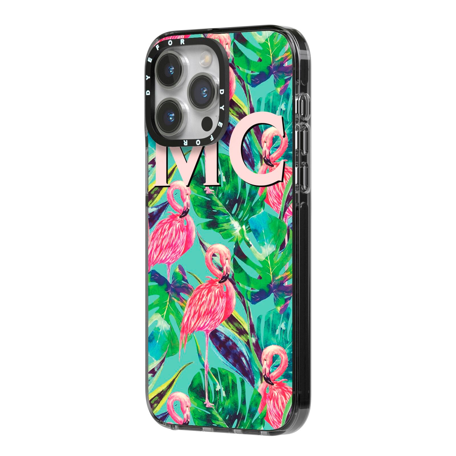 Personalised Tropical Green Leaves Flamingo iPhone 14 Pro Max Black Impact Case Side Angle on Silver phone