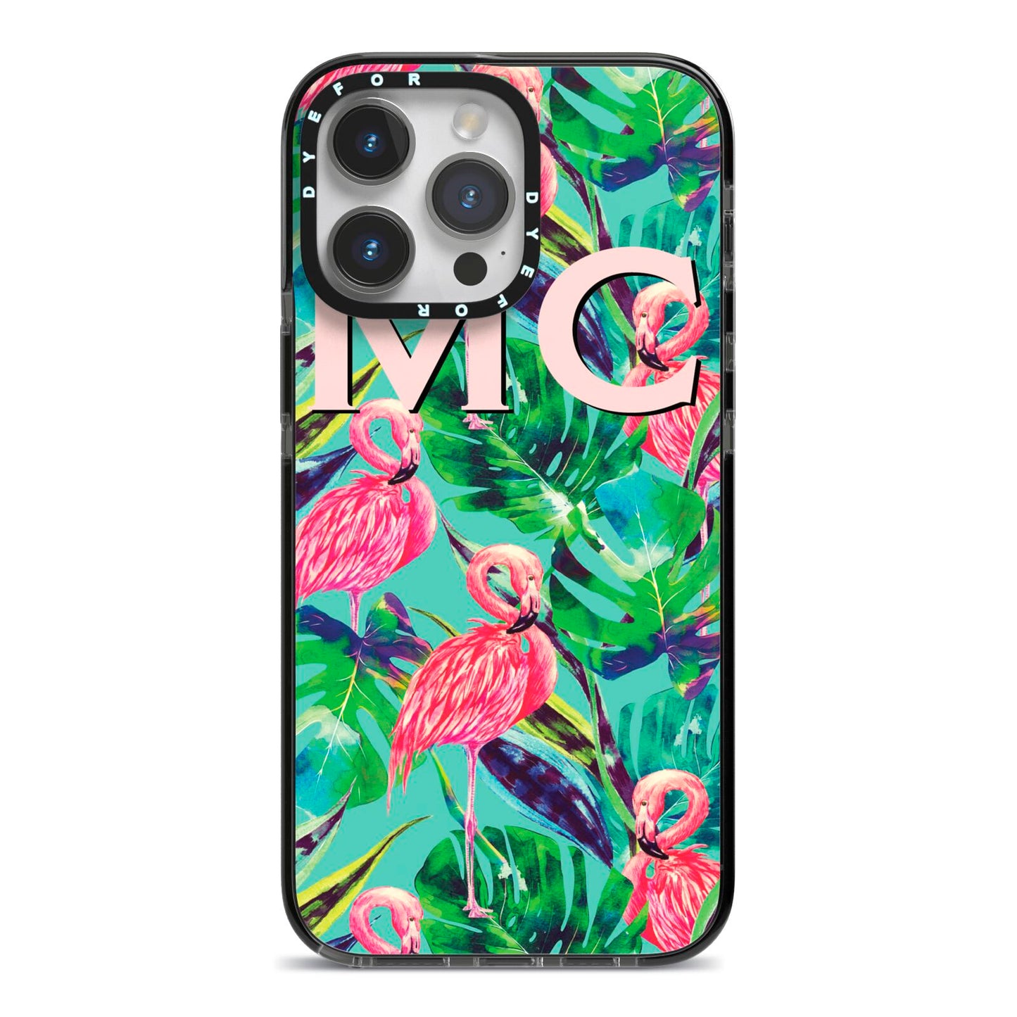 Personalised Tropical Green Leaves Flamingo iPhone 14 Pro Max Black Impact Case on Silver phone