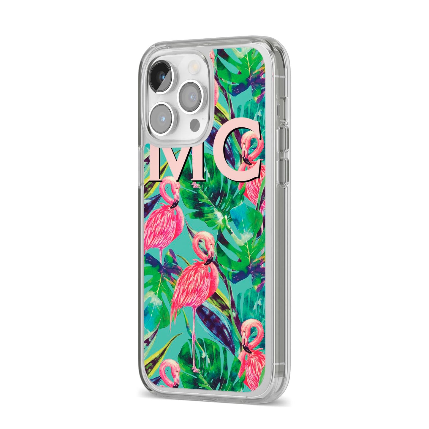 Personalised Tropical Green Leaves Flamingo iPhone 14 Pro Max Clear Tough Case Silver Angled Image