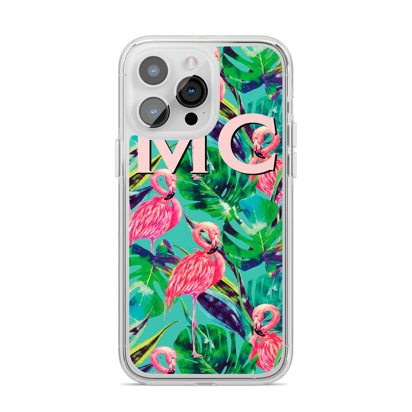 Personalised Tropical Green Leaves Flamingo iPhone 14 Pro Max Clear Tough Case Silver