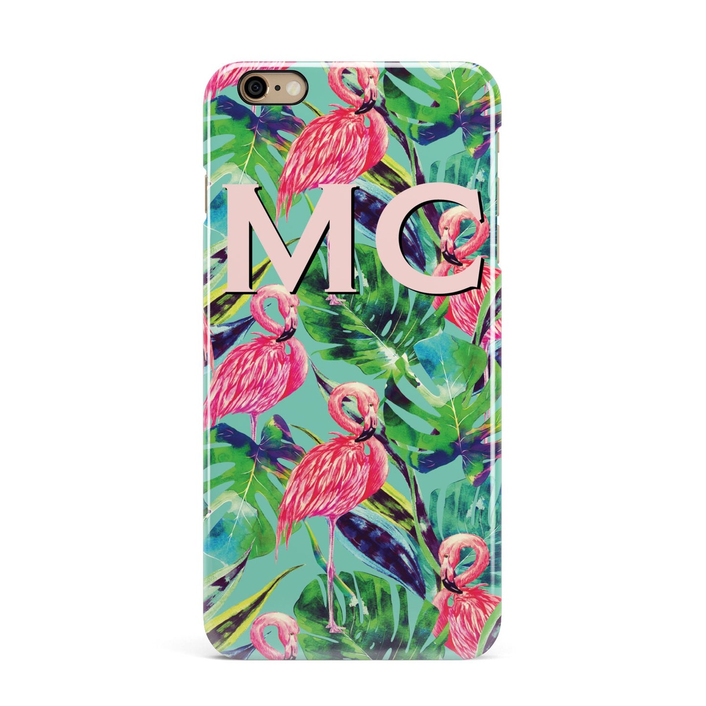 Personalised Tropical Green Leaves Flamingo iPhone 6 Plus 3D Snap Case on Gold Phone